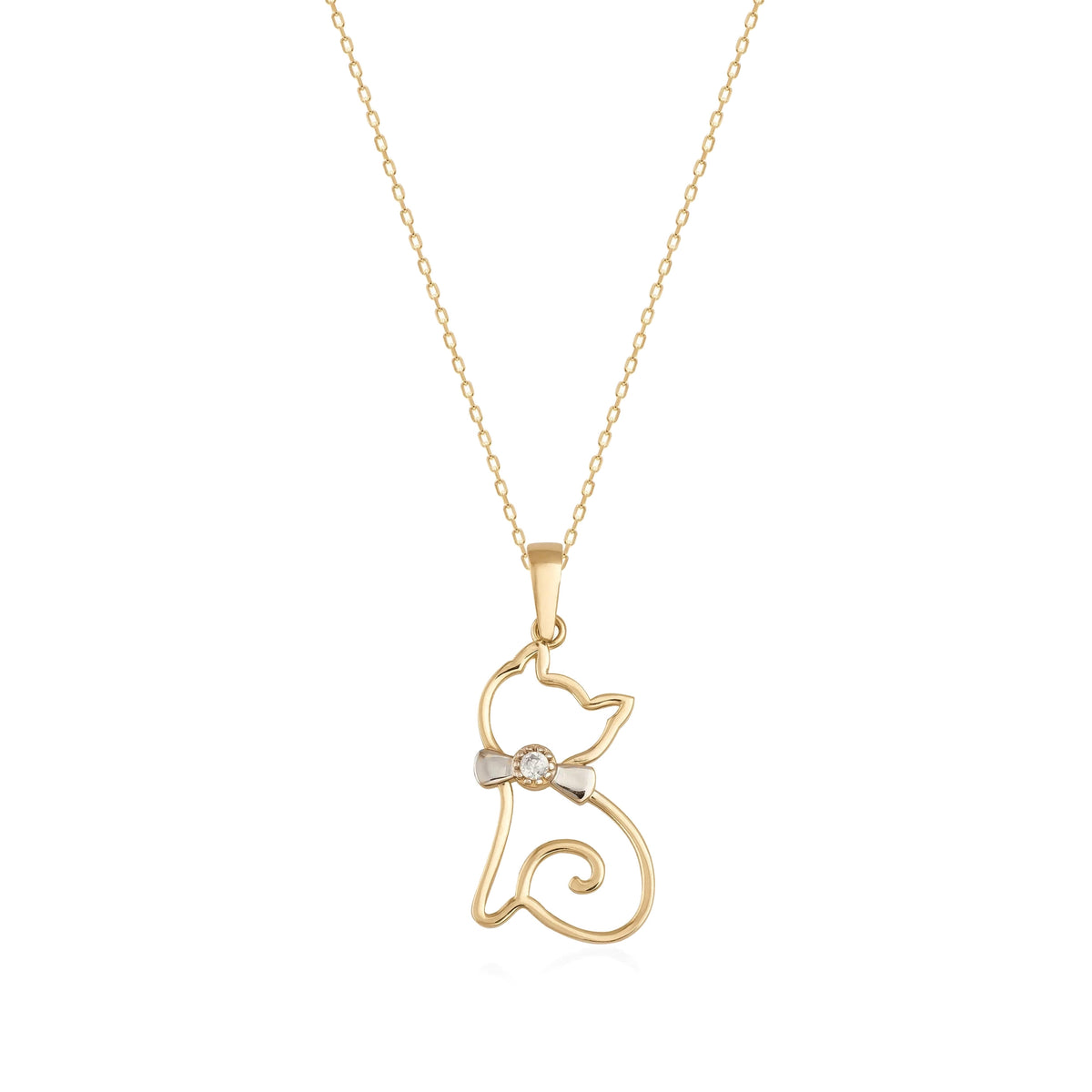 14K gold cat outline pendant necklace with bow and cubic zirconia accent on white background