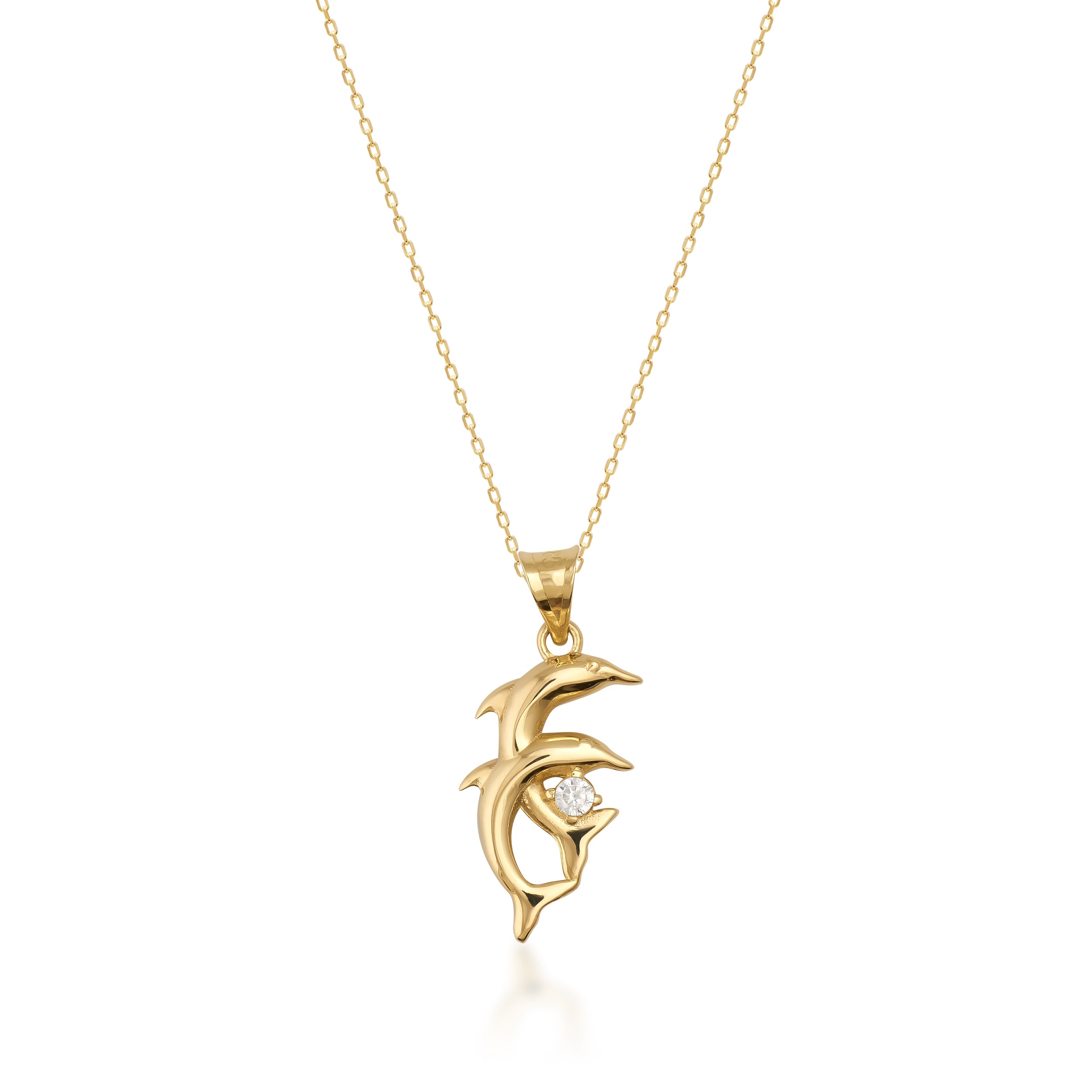 14K Solid Gold Dolphin Pendant Necklace with White Zircon Stone – Symbol of Love and Friendship
