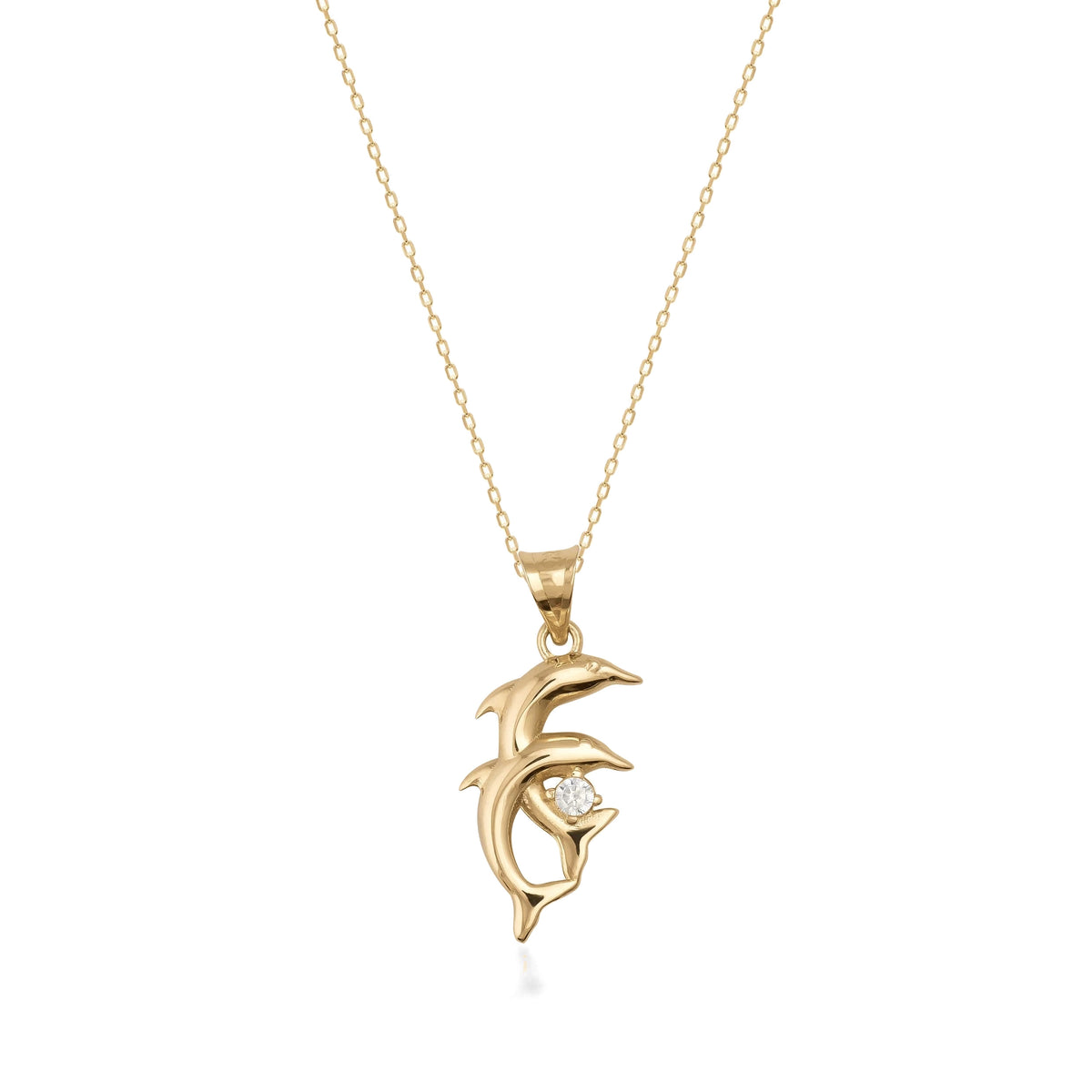 14K gold dolphin pendant necklace with cubic zirconia accent on a fine gold chain, jewelry product photo