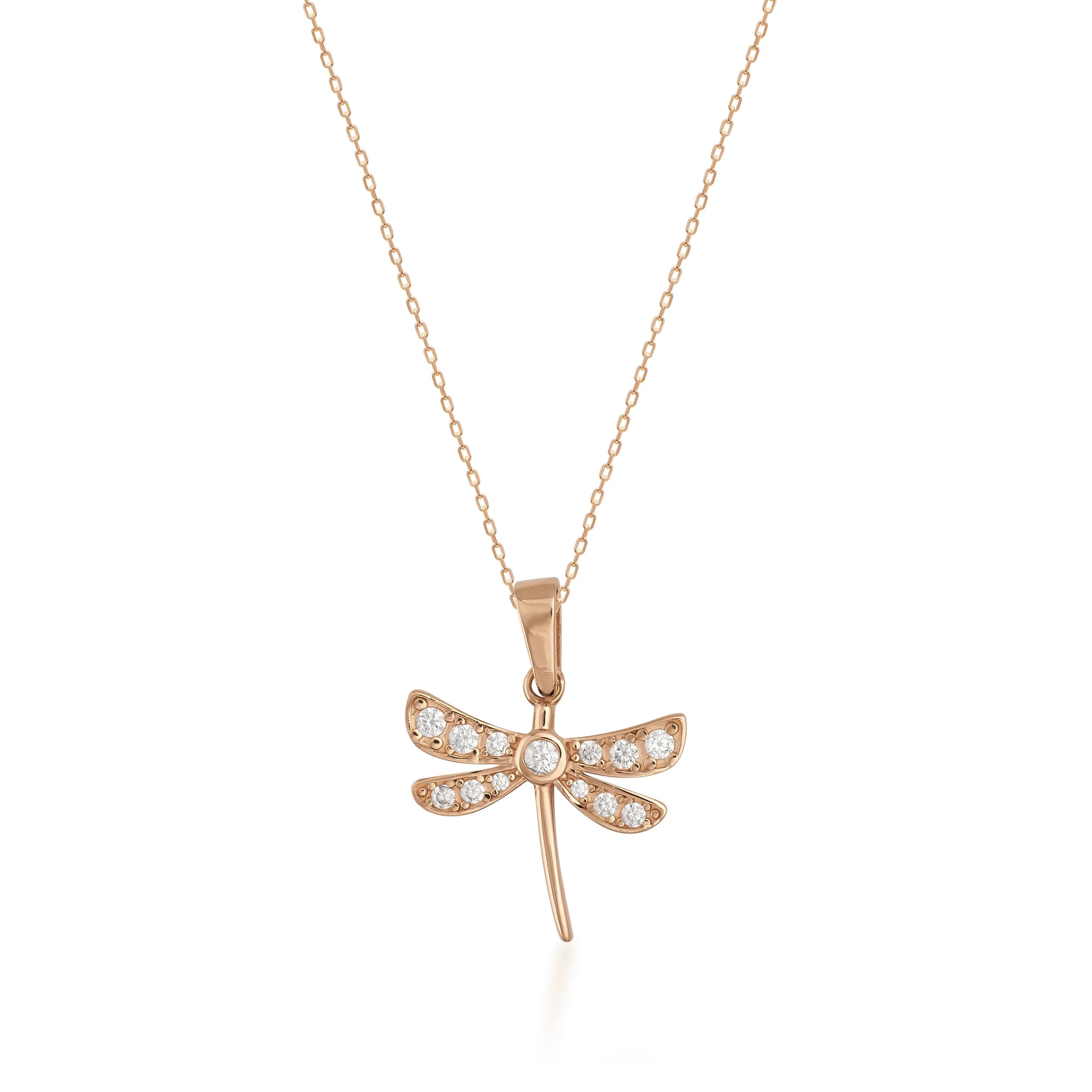 14K Solid Gold Dragonfly Pendant Necklace with 13 White Zircon Stones – Dainty Nature Jewelry