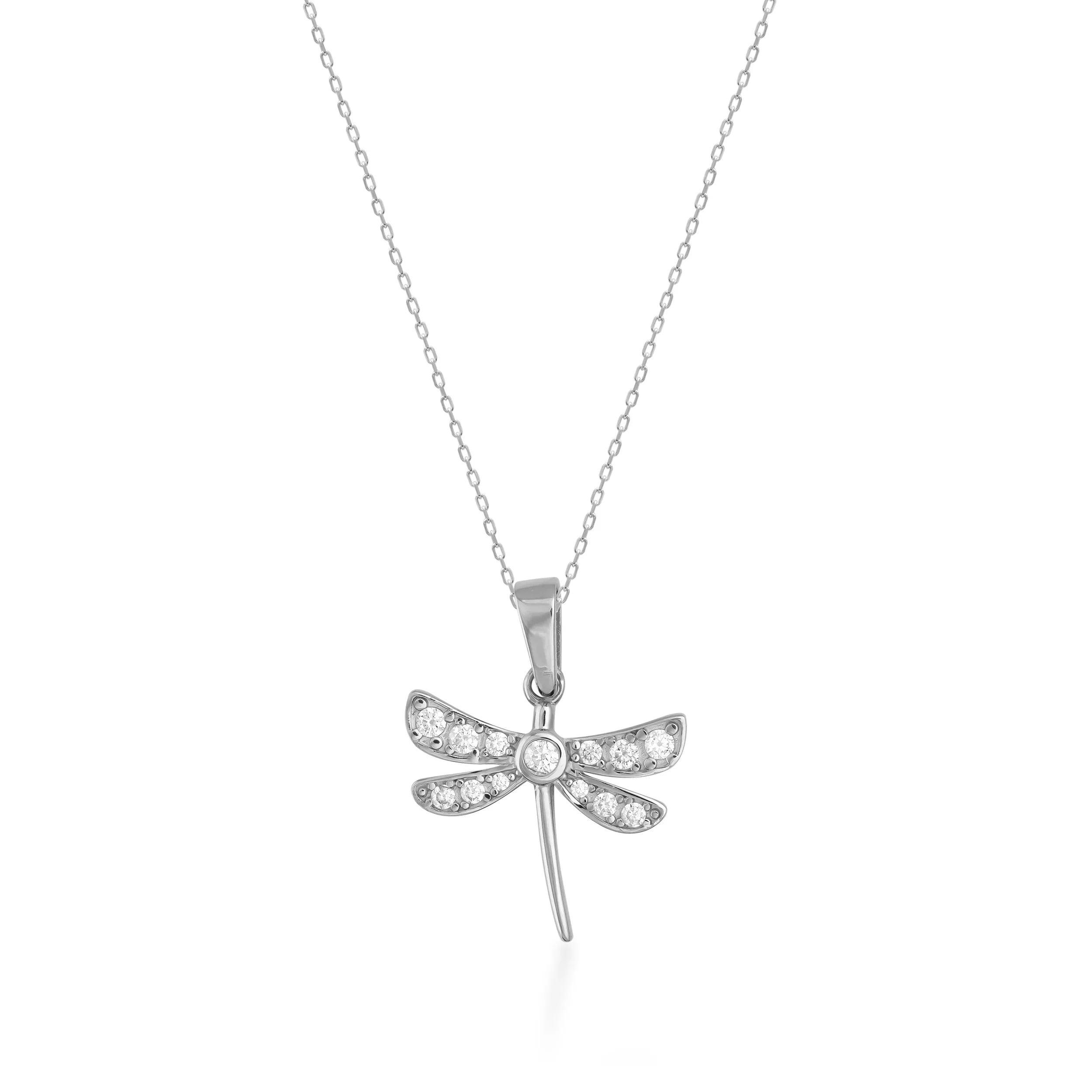 Gold dragonfly pendant necklace with sparkling clear stones on a fine chain