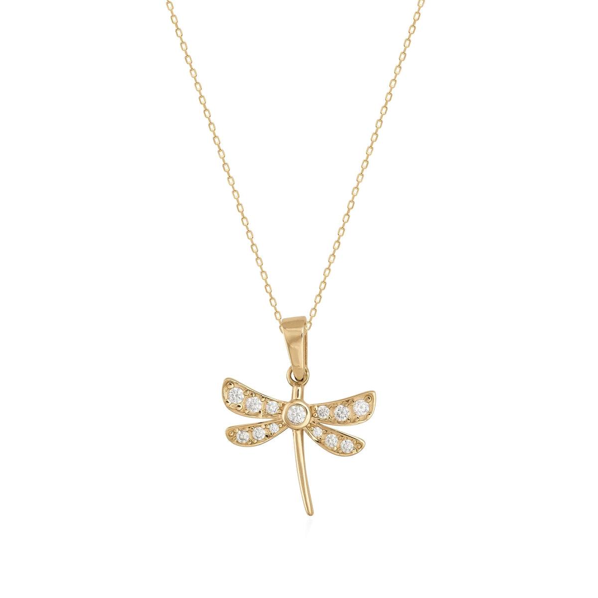 14K gold dragonfly pendant necklace with cubic zirconia accents on a fine gold chain, isolated on white
