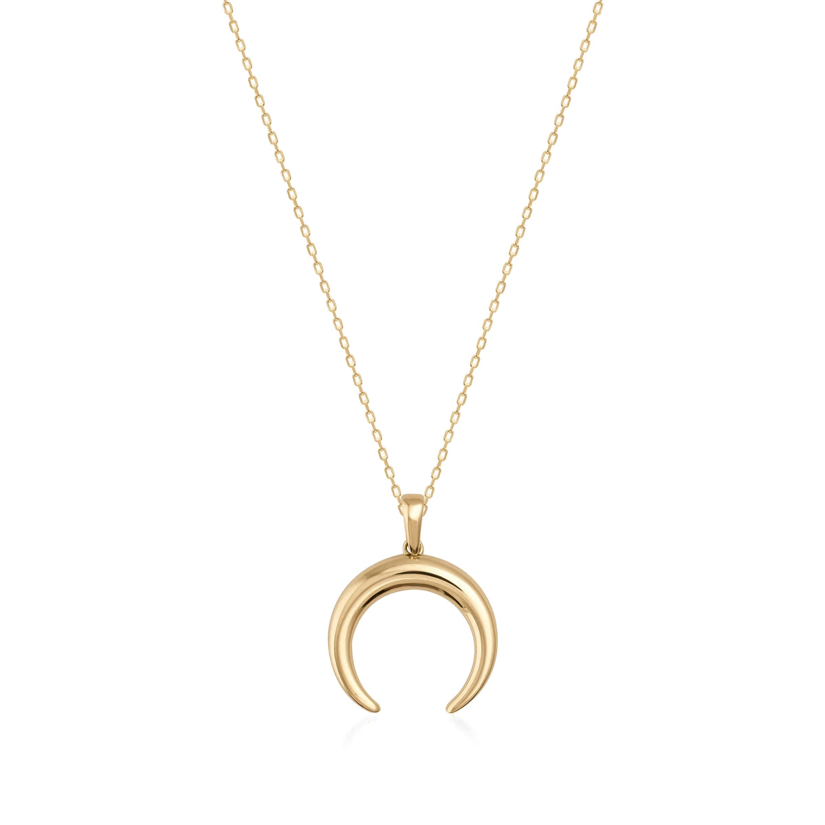 14K gold crescent moon pendant necklace with delicate chain on white background