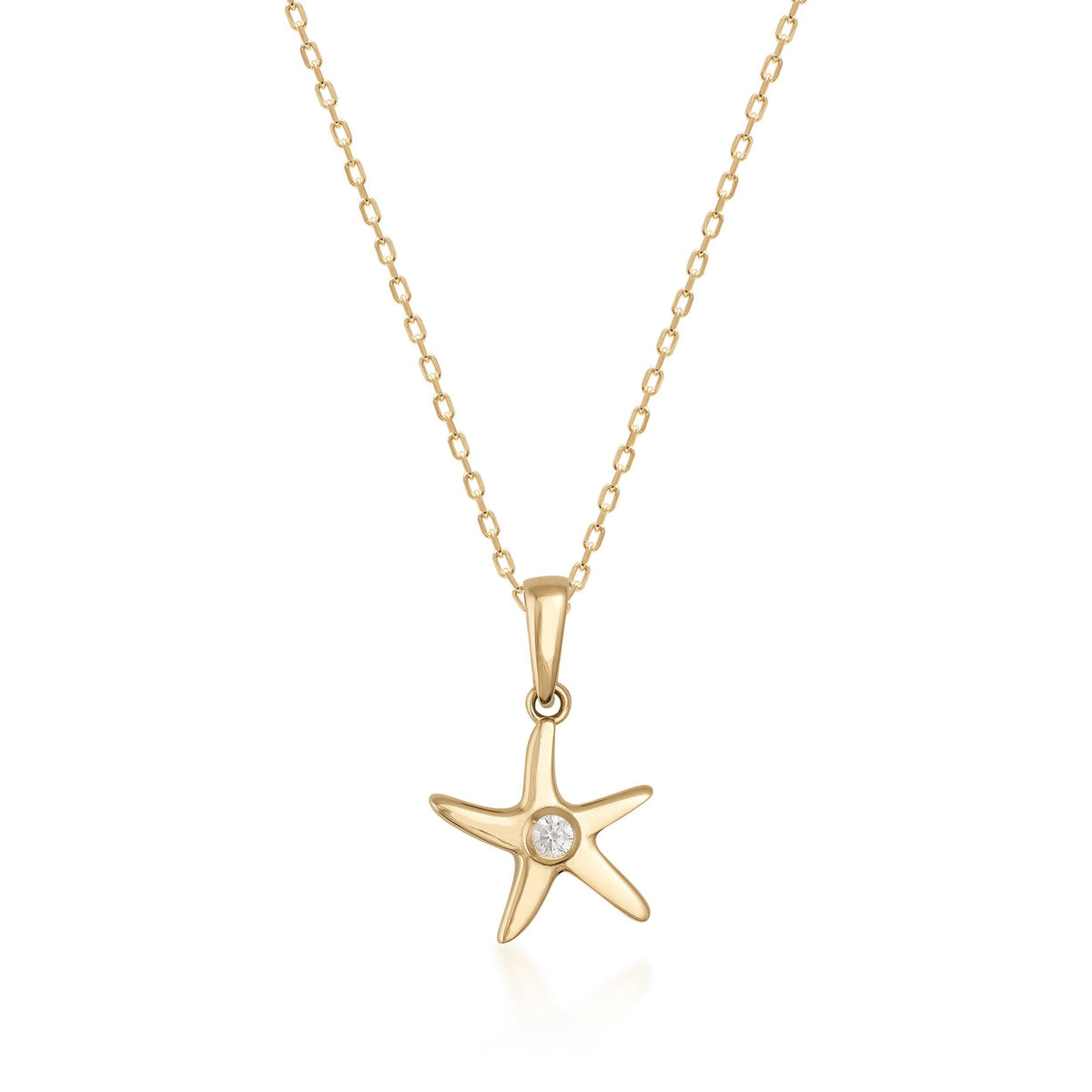 14K gold starfish pendant necklace with cubic zirconia accent on delicate gold chain, isolated on white