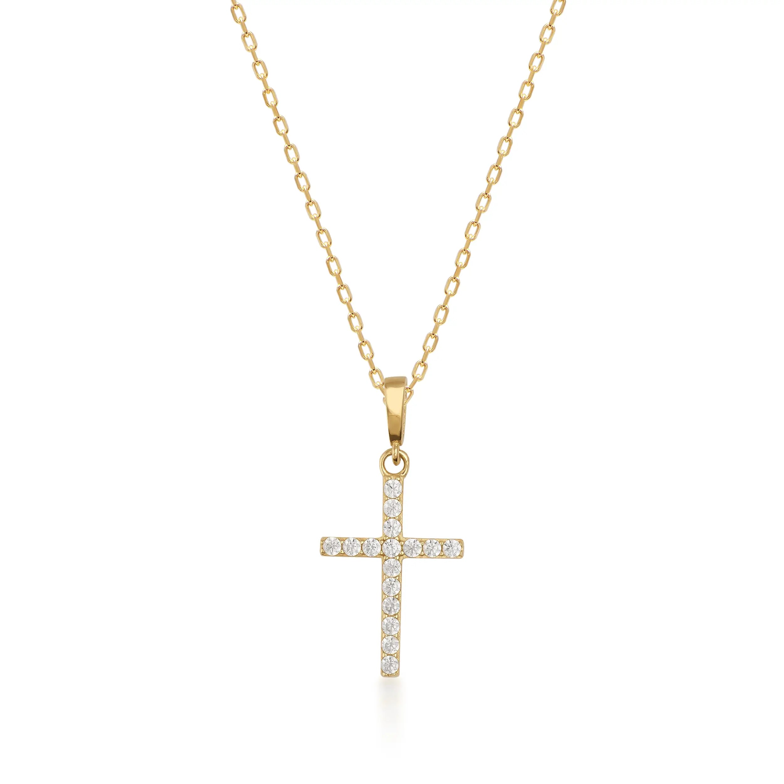 Gemstone Cross 14K Solid Gold Pendant Necklace with White Zircon Stones – Dainty Religious Jewelry