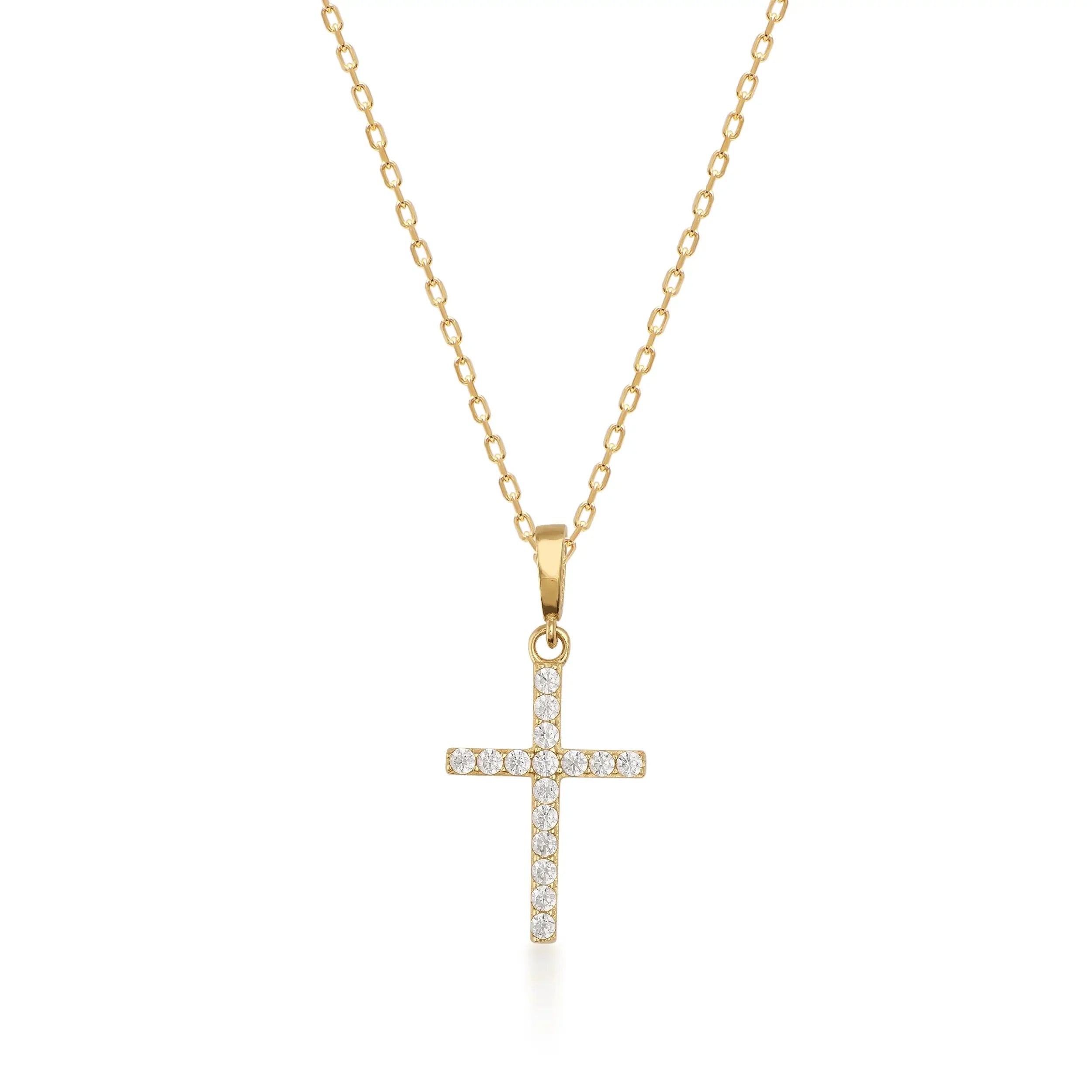 Gemstone Cross 14K Solid Gold Pendant Necklace with White Zircon Stones – Dainty Religious Jewelry