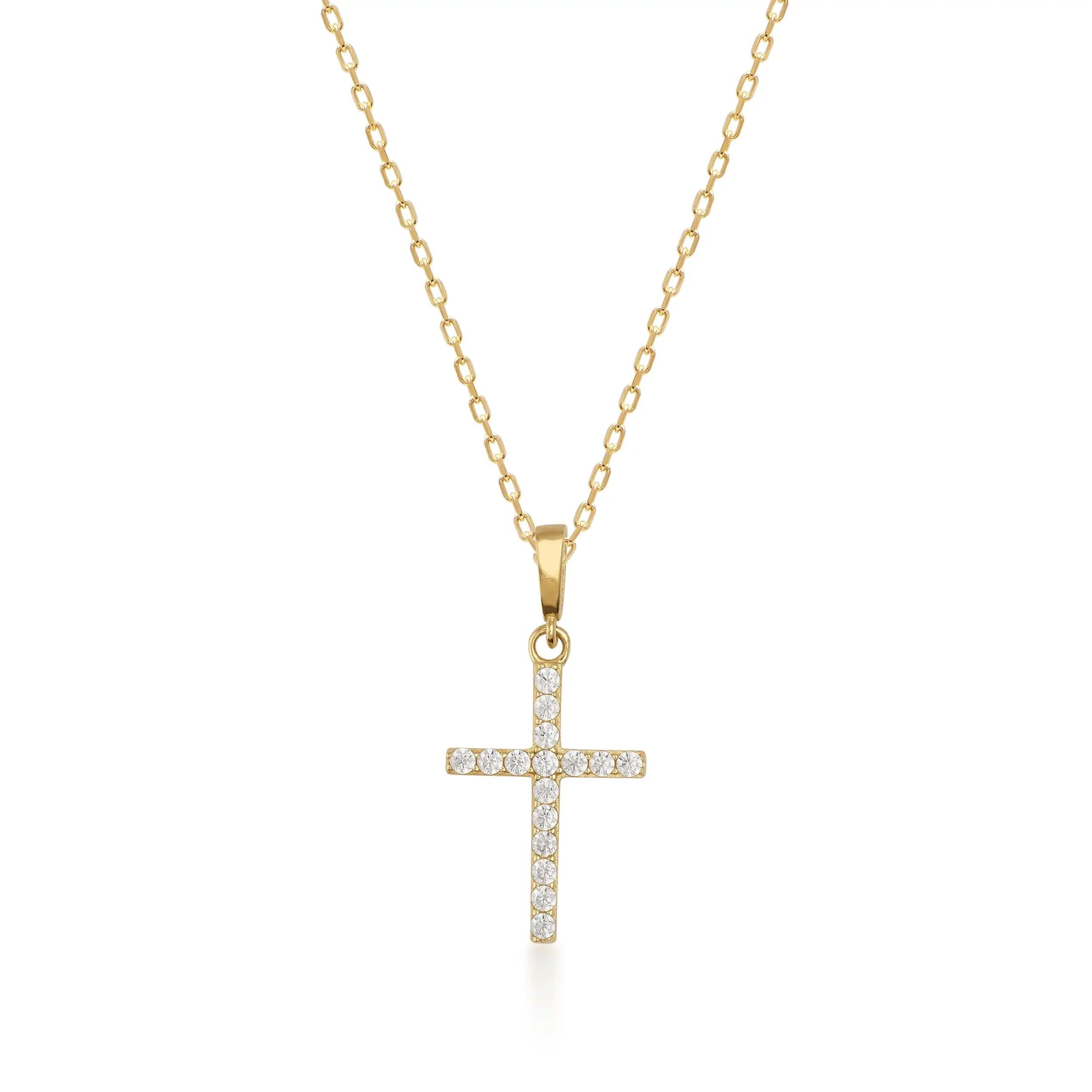 Gold chain necklace with diamond cross pendant on white background