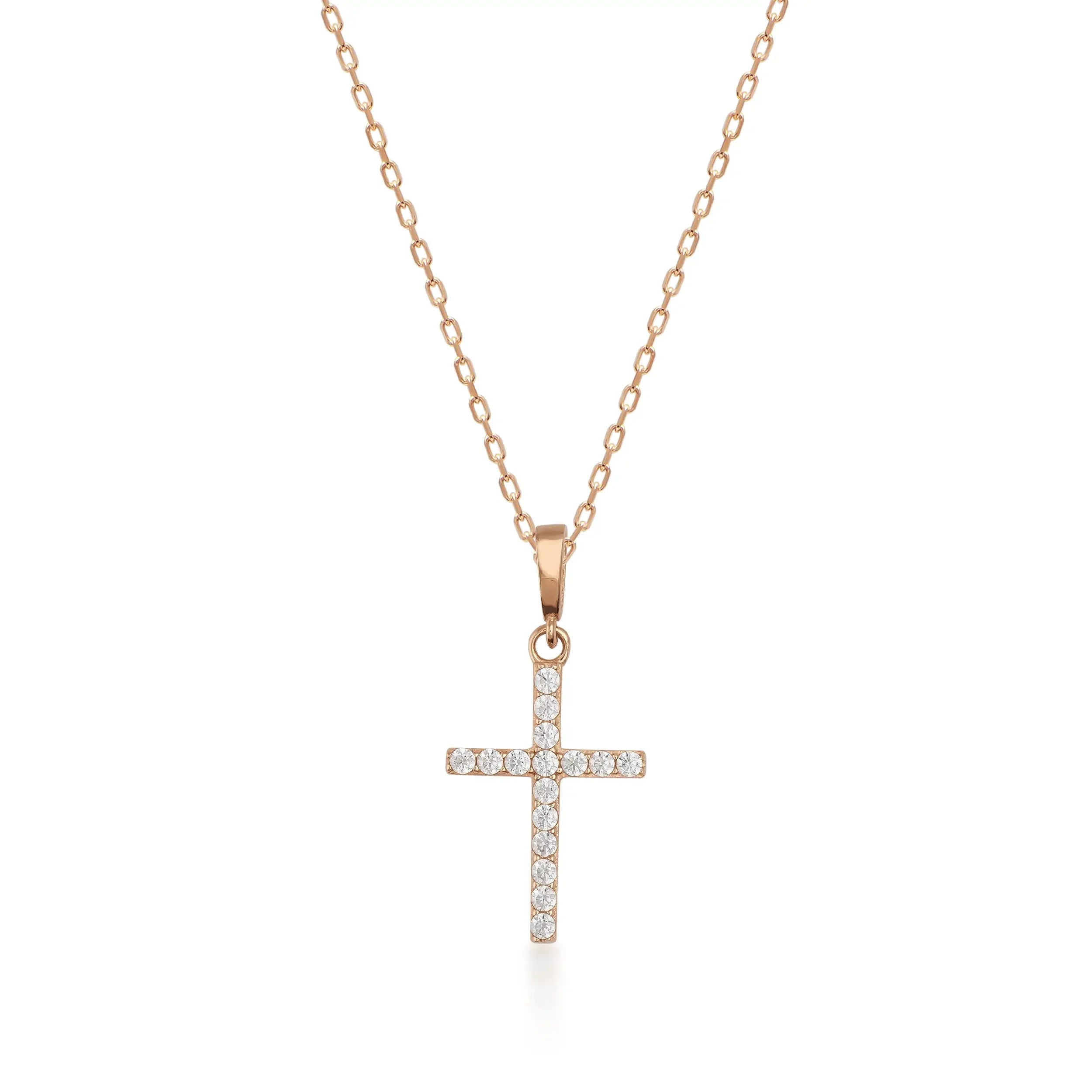 Gemstone Cross 14K Solid Gold Pendant Necklace with White Zircon Stones – Dainty Religious Jewelry