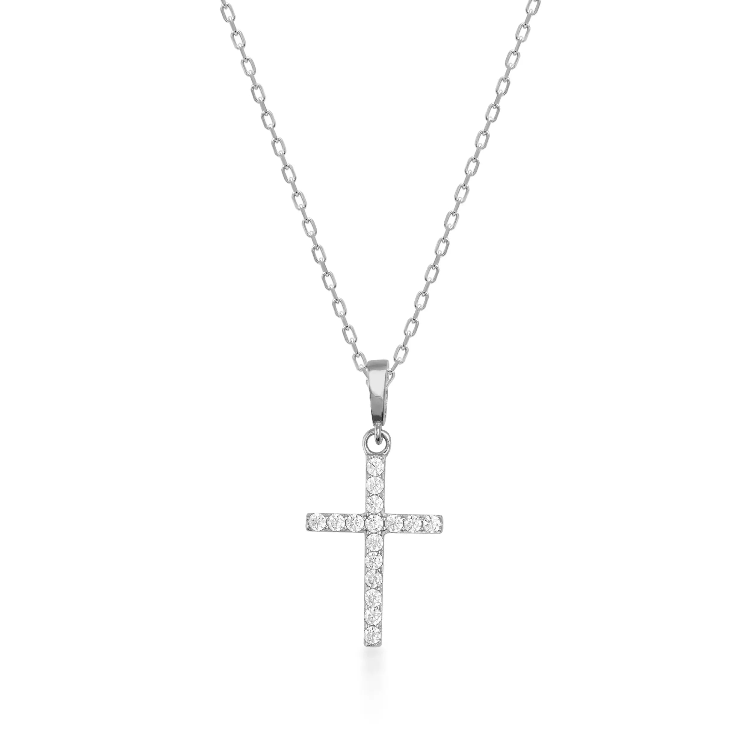 Gemstone Cross 14K Solid Gold Pendant Necklace with White Zircon Stones – Dainty Religious Jewelry