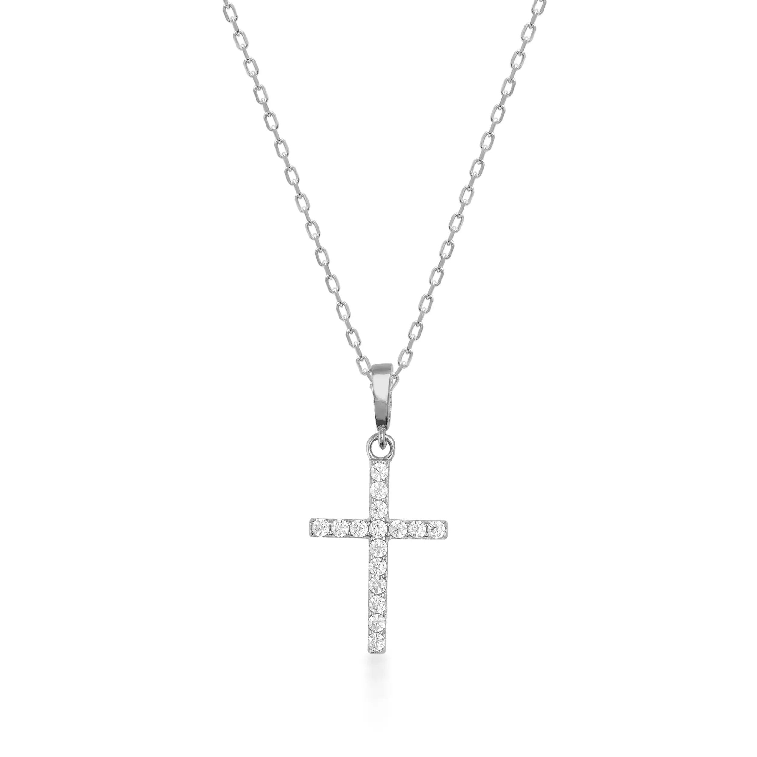 Diamond cross pendant on a white gold chain necklace, displayed on a white background.