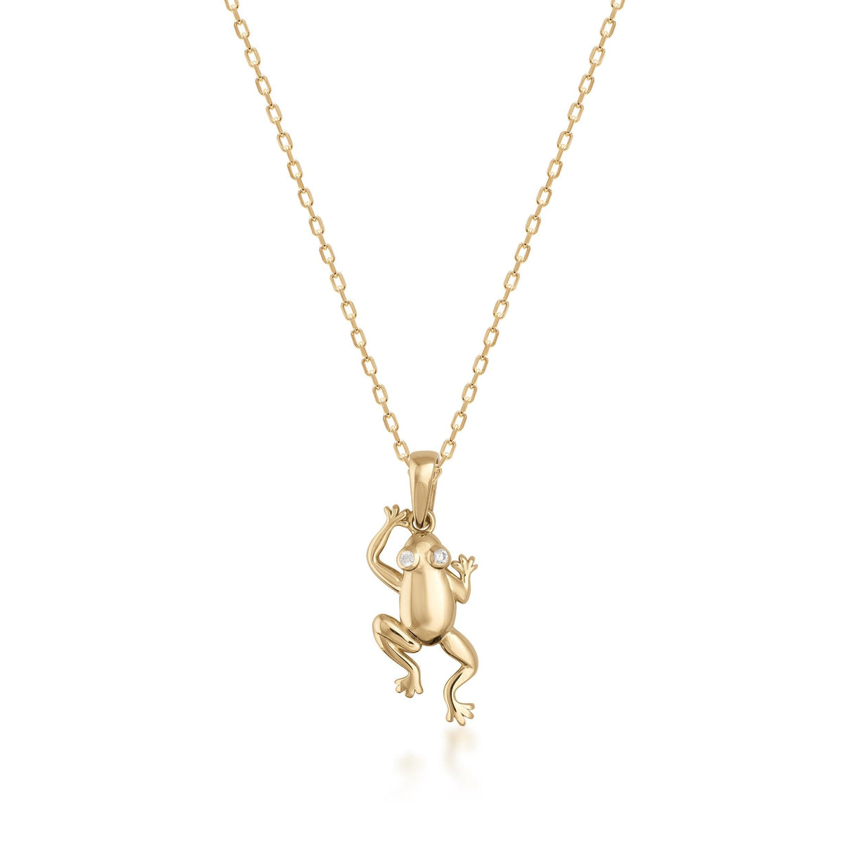 14K gold frog pendant necklace with cubic zirconia eyes on a fine gold chain