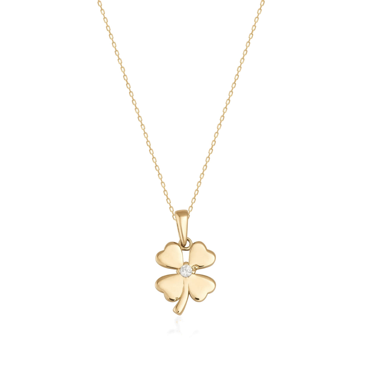 14K gold four-leaf clover pendant necklace with cubic zirconia accent on a fine gold chain