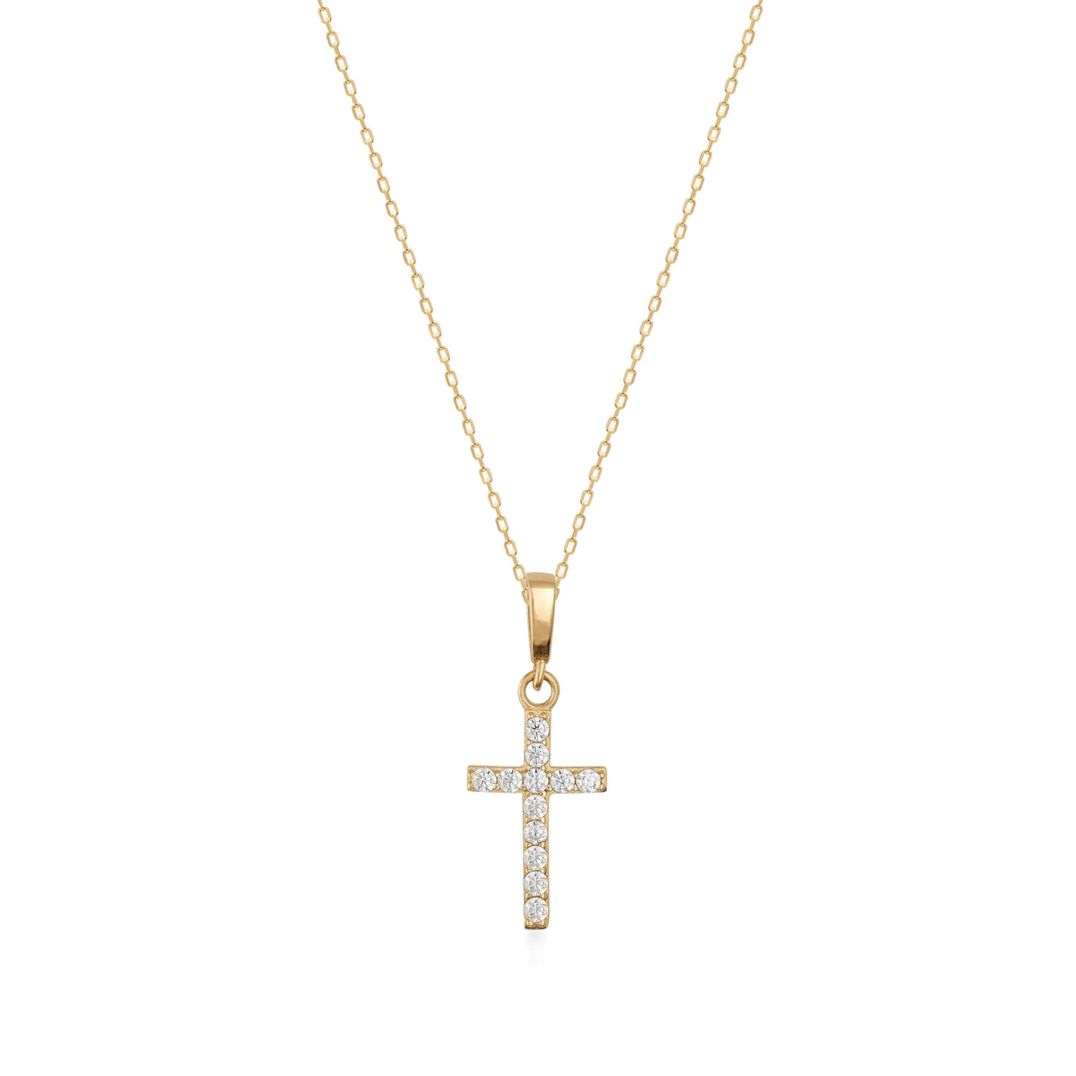 14K gold chain necklace with a cubic zirconia cross pendant on white background