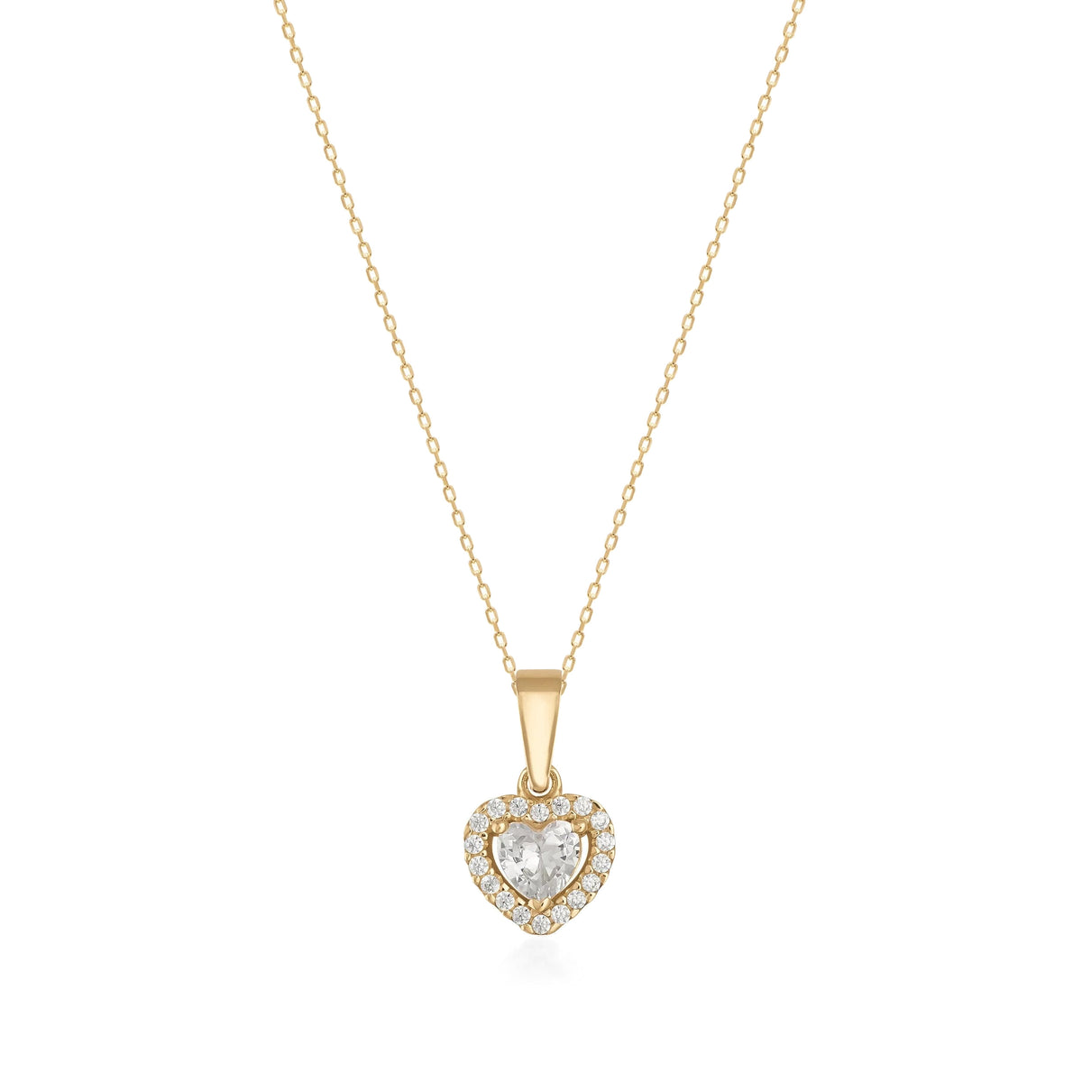 14K gold necklace with heart-shaped cubic zirconia pendant and halo of small cubic zirconia on white background