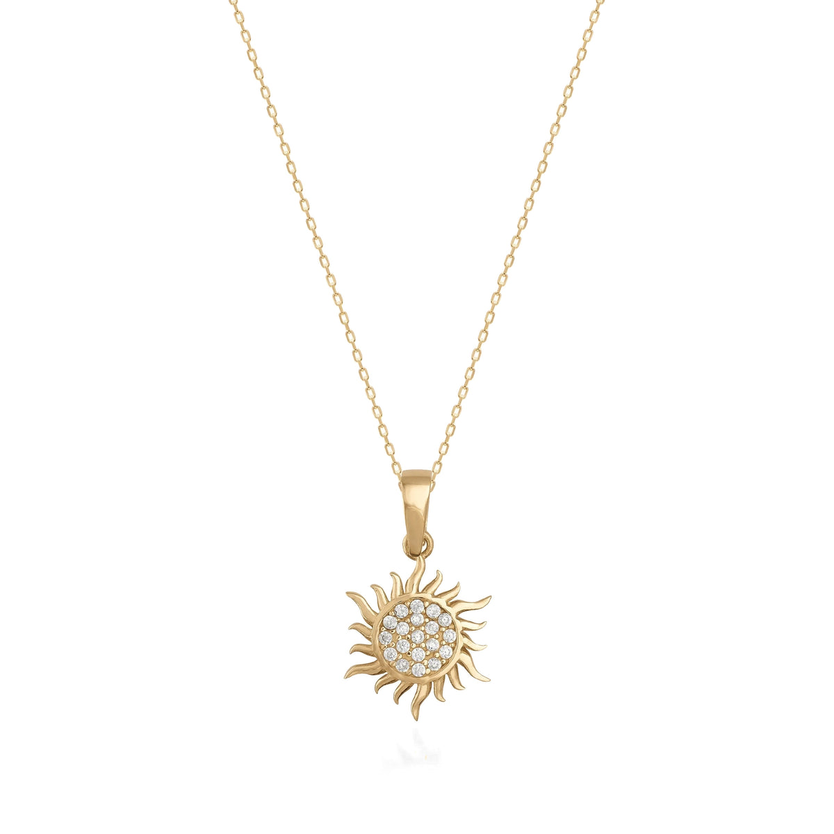 14K gold sun pendant necklace with cubic zirconia accents on fine gold chain, elegant jewelry