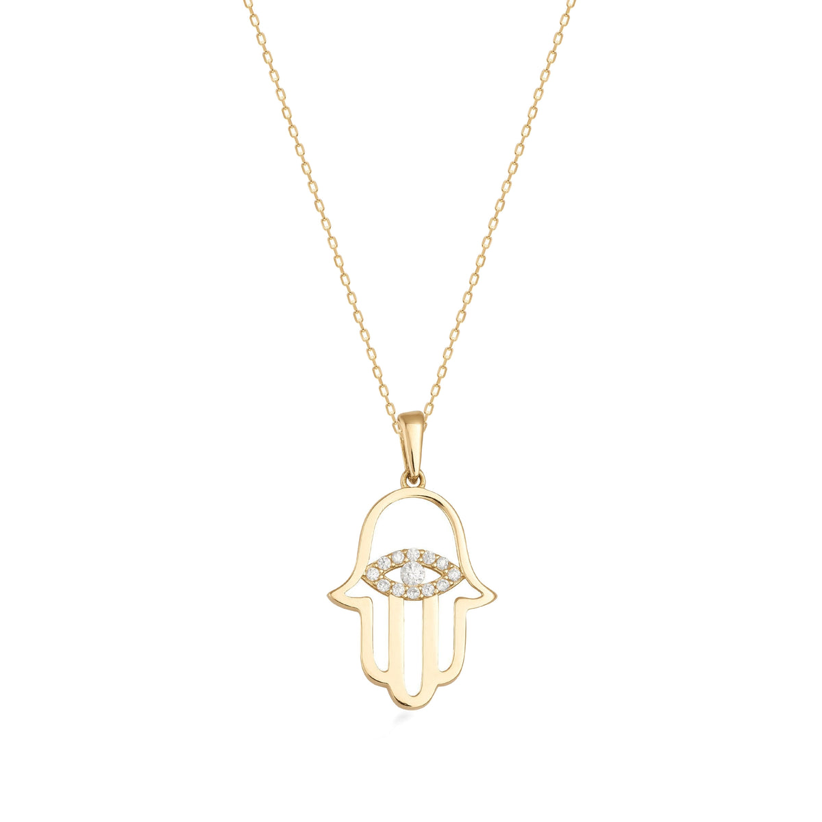 14K gold Hamsa pendant necklace with cubic zirconia eye detail on fine gold chain, white background