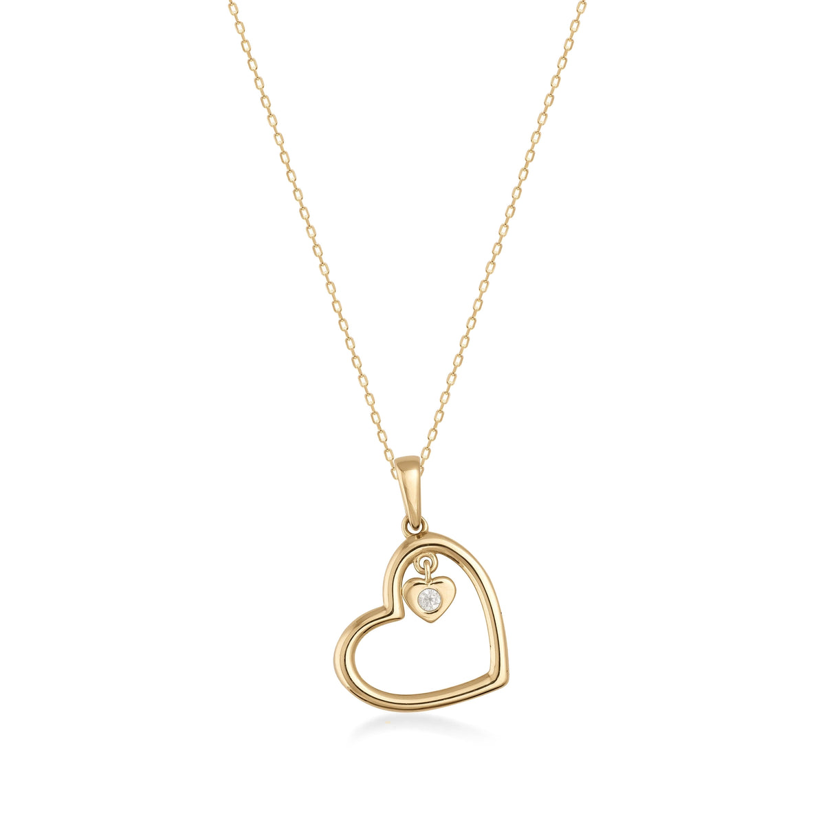 14K gold heart pendant necklace with small cubic zirconia accent, fine gold jewelry on white background
