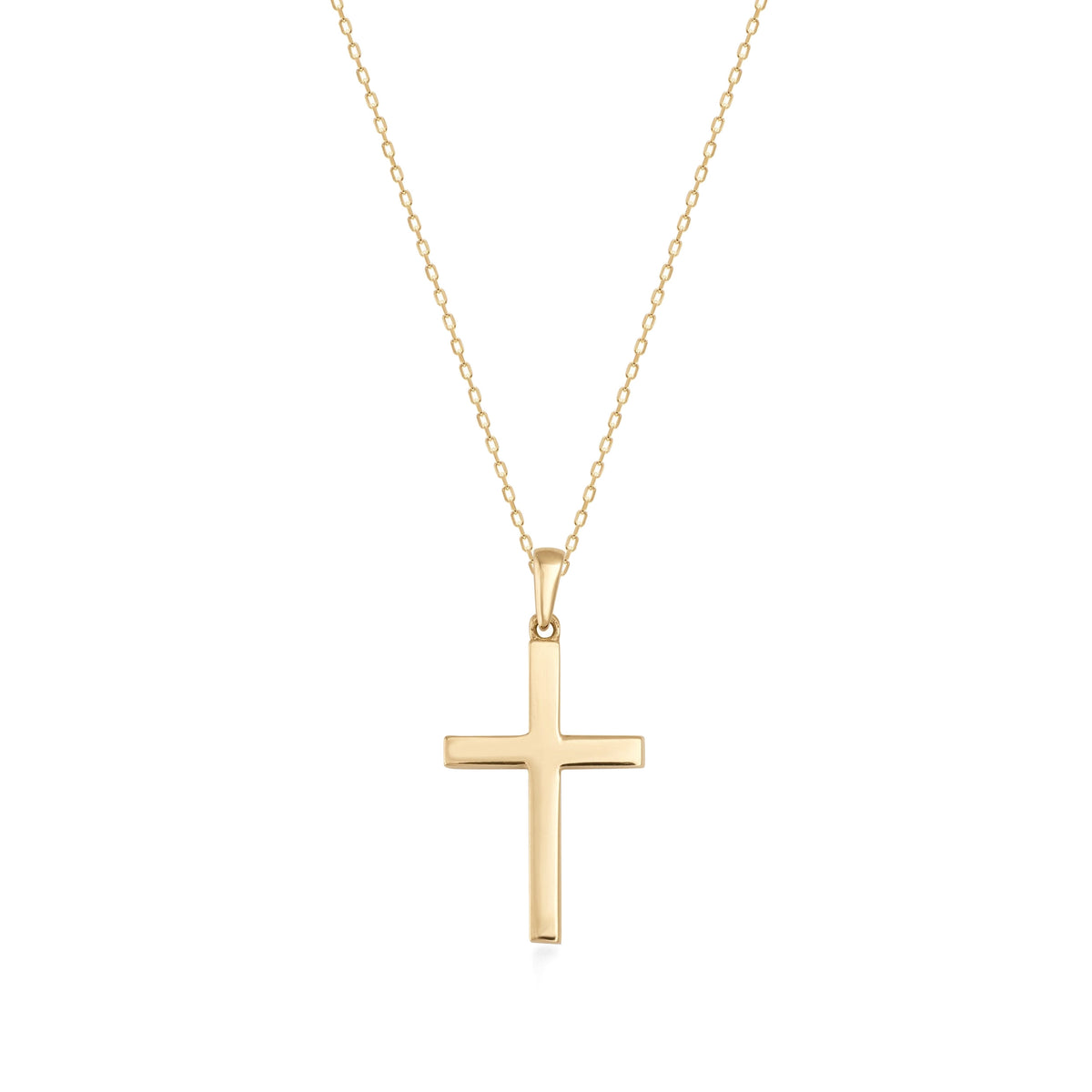 14K gold cross pendant necklace with delicate chain on white background
