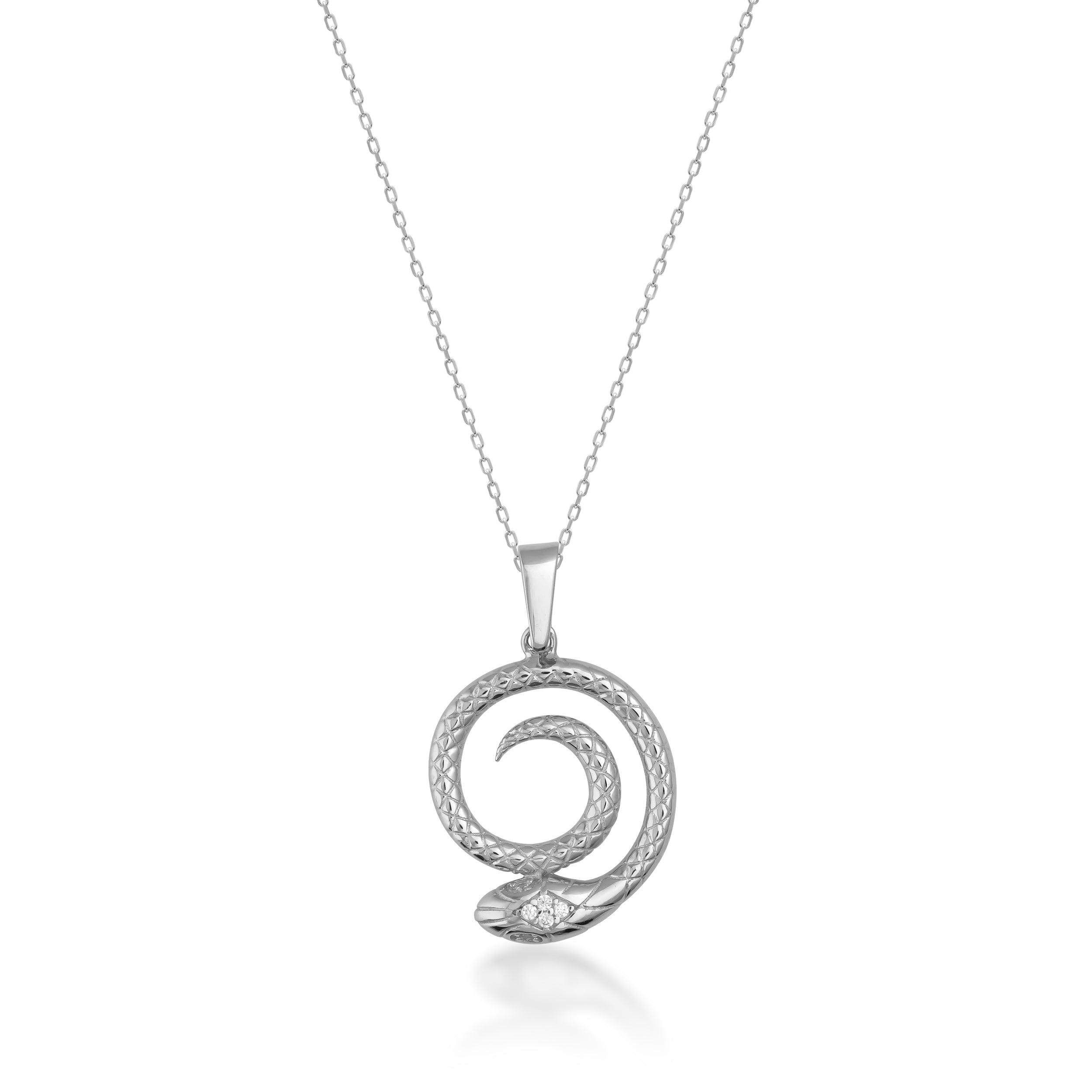 Silver snake pendant necklace with textured spiral design on a fine chain