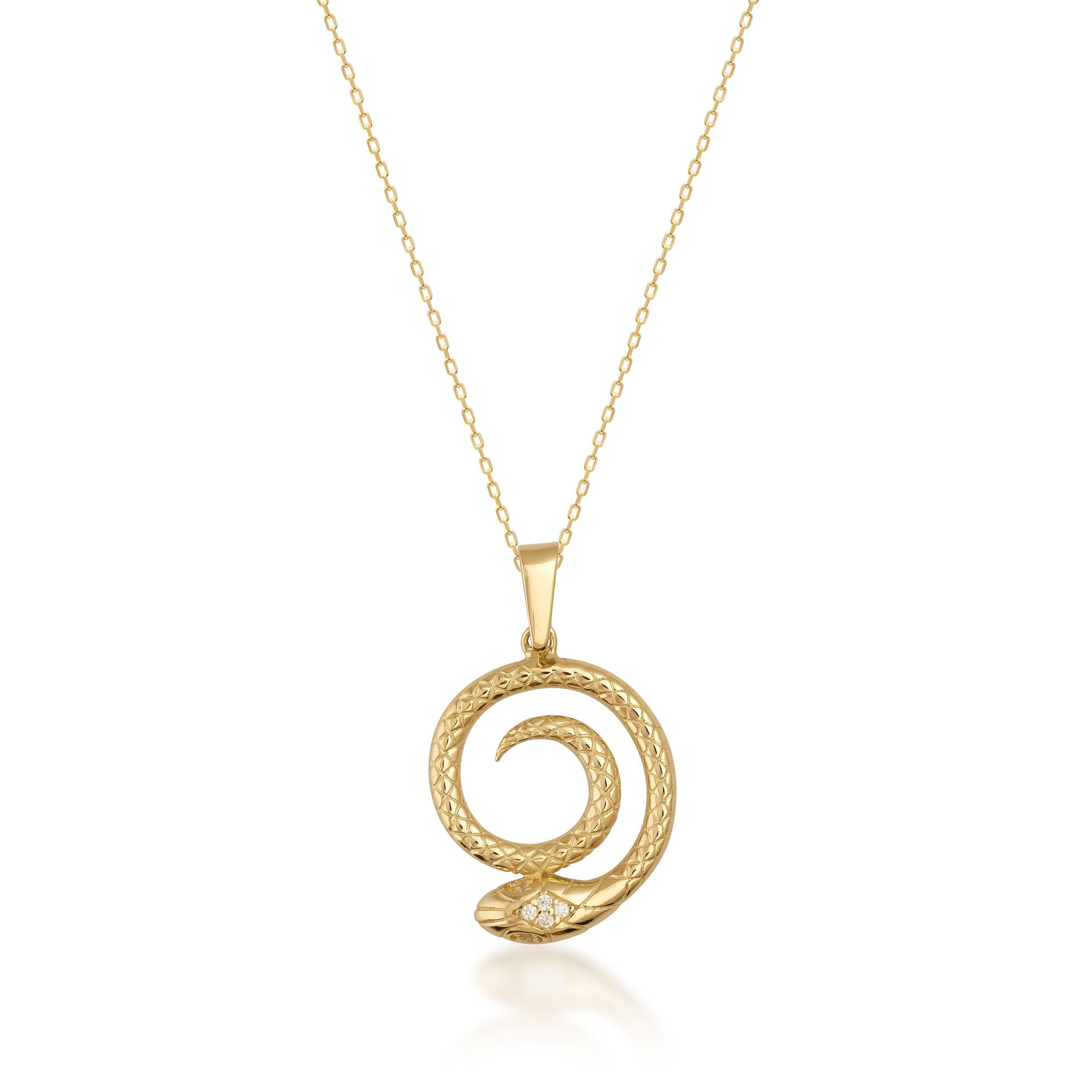 Gold snake pendant necklace with textured spiral design on a fine gold chain