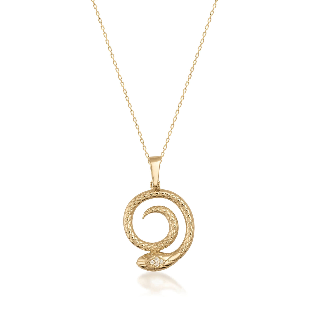 14K gold snake pendant necklace with textured spiral design on a fine gold chain