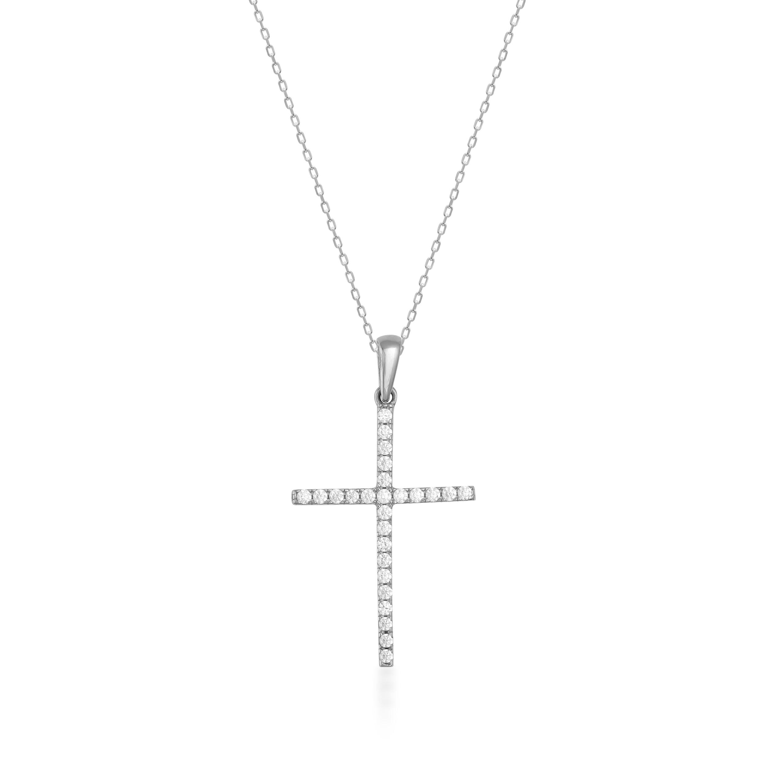 Diamond cross pendant necklace in white gold on a delicate chain, high-quality jewelry