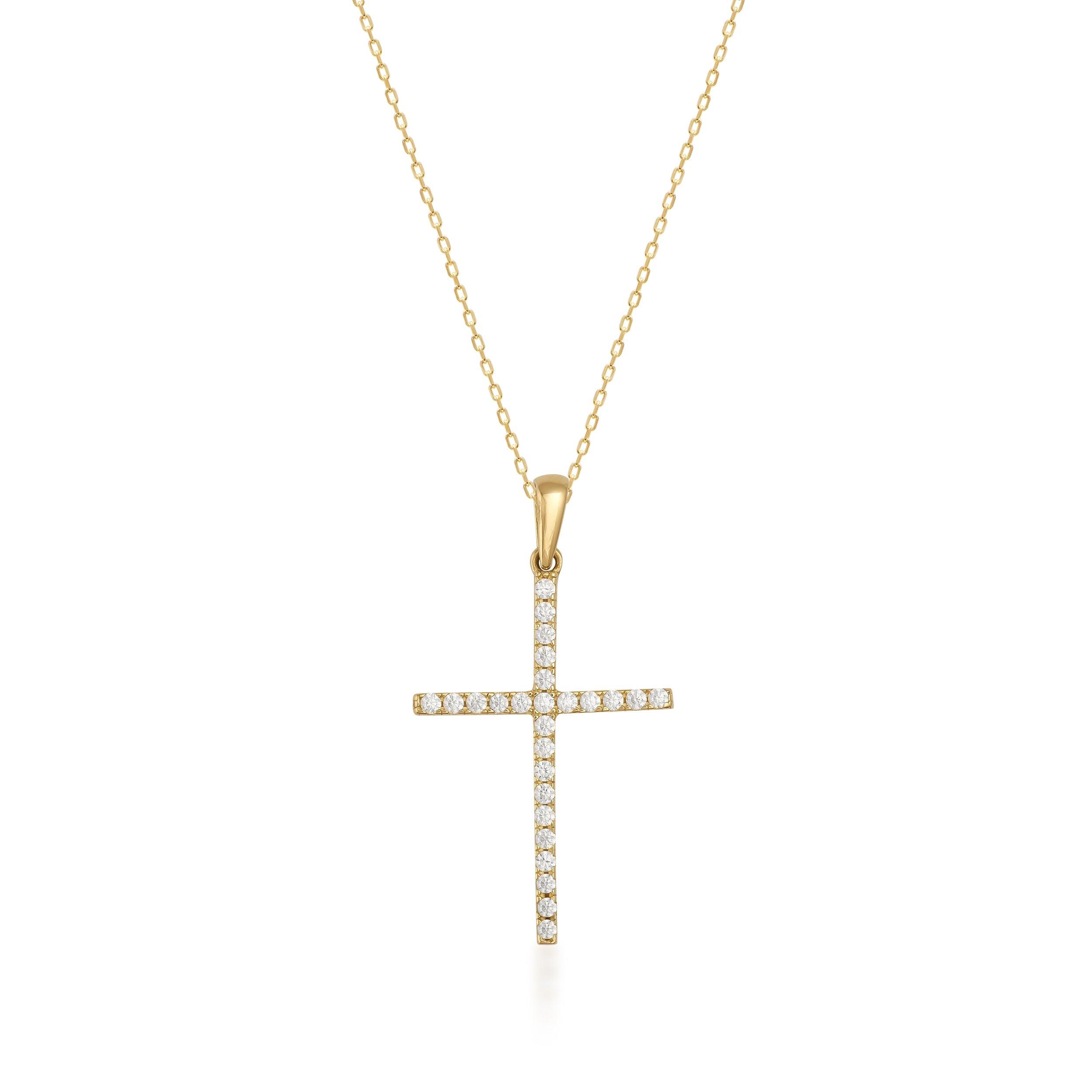Gold cross necklace with diamond accents on fine gold chain, displayed on white background