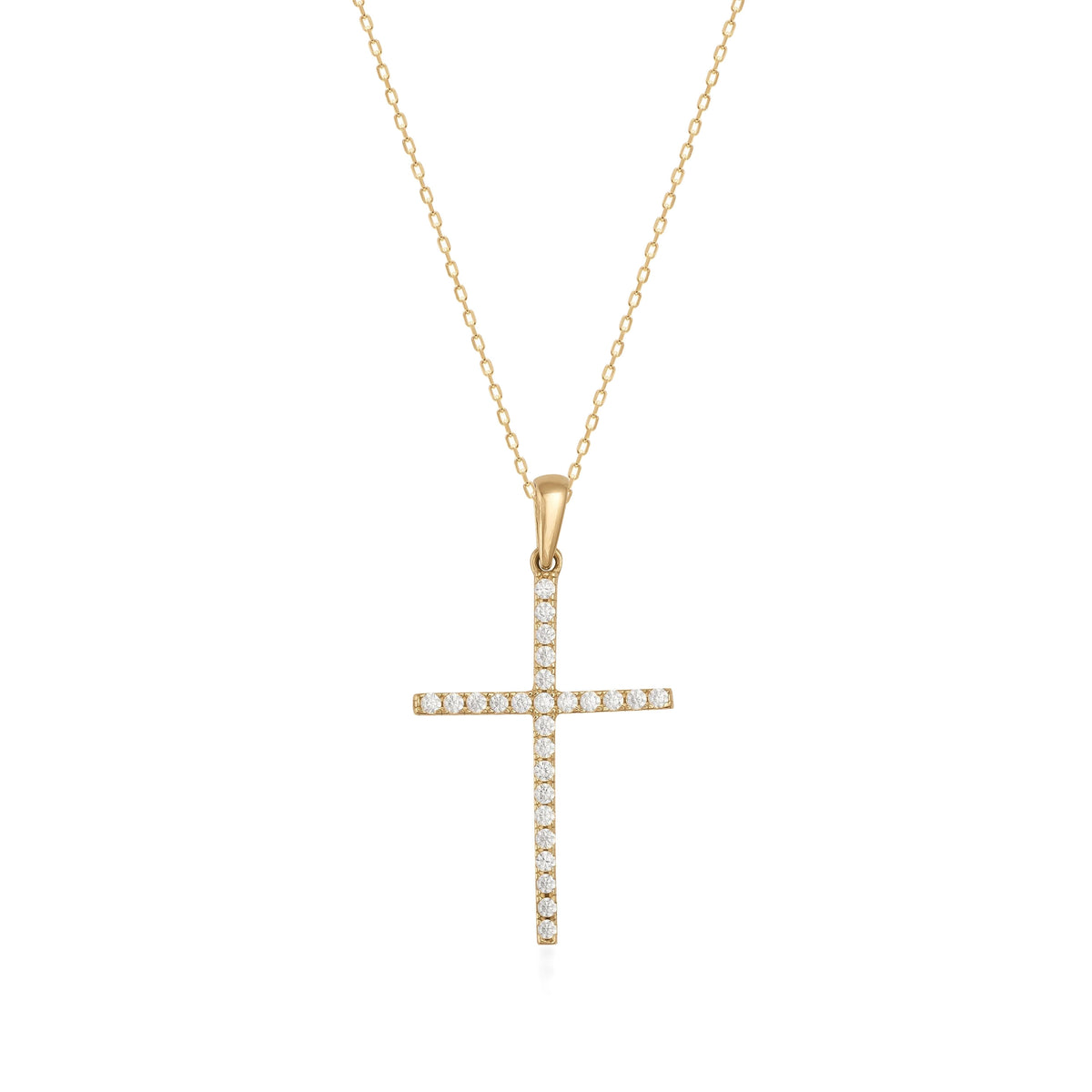 14K gold cross necklace with cubic zirconia accents on fine gold chain, displayed on white background