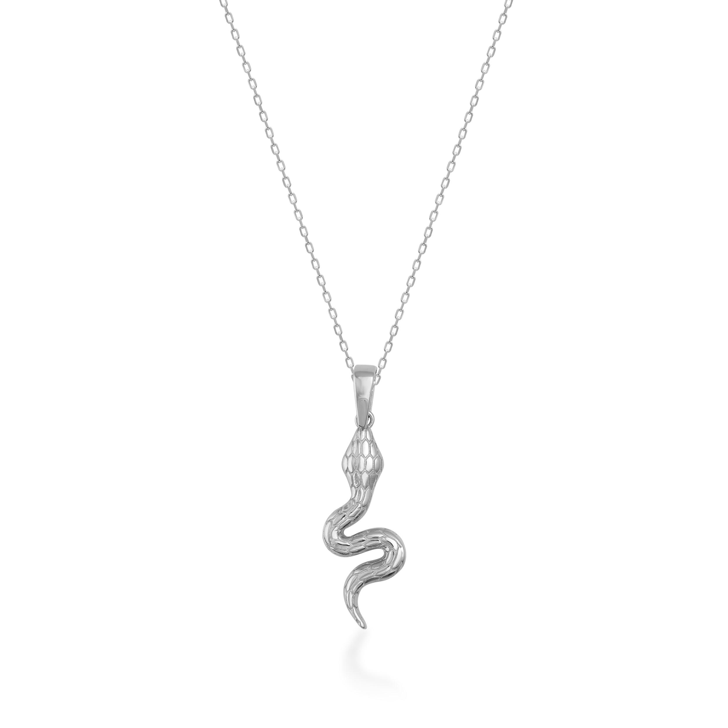 Sterling silver snake pendant necklace with textured detailing on fine chain