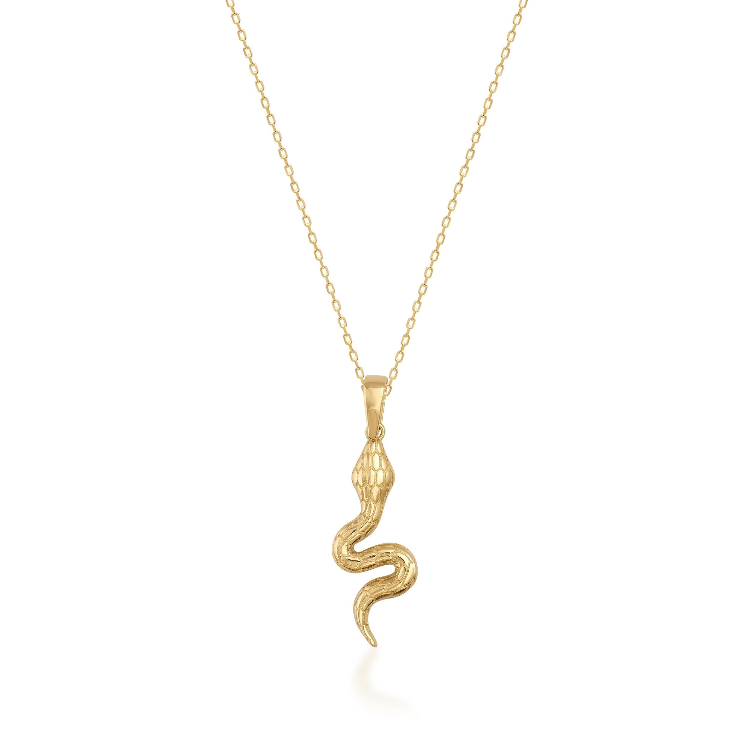 Gold snake pendant necklace with textured details on a fine gold chain, isolated on white background