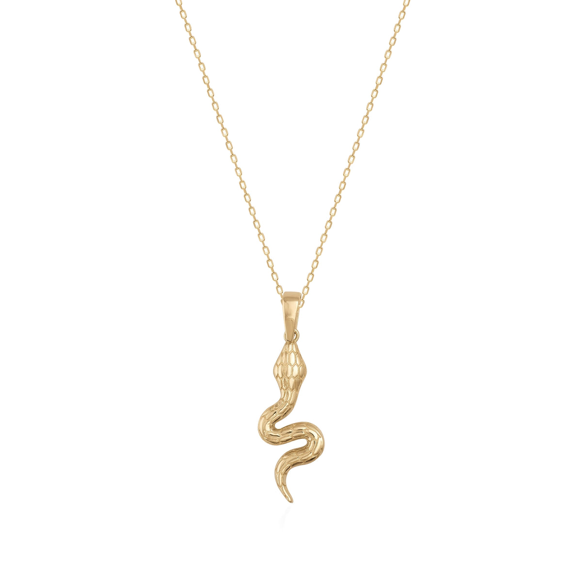 14K gold snake pendant necklace with textured details on a fine gold chain, isolated on white background