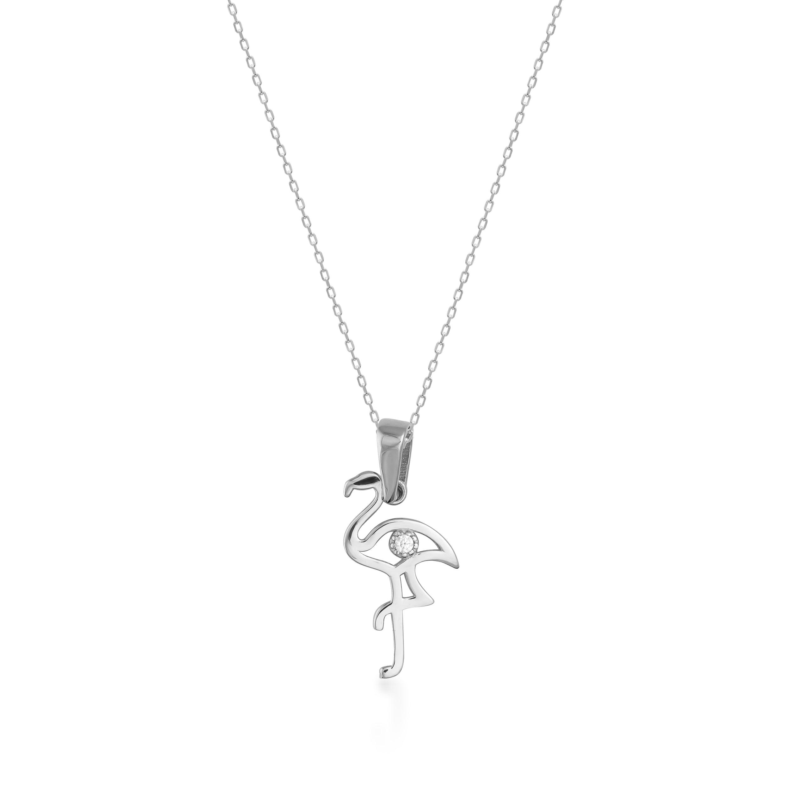 Gold flamingo pendant necklace with diamond accent on a fine chain, minimalist jewelry