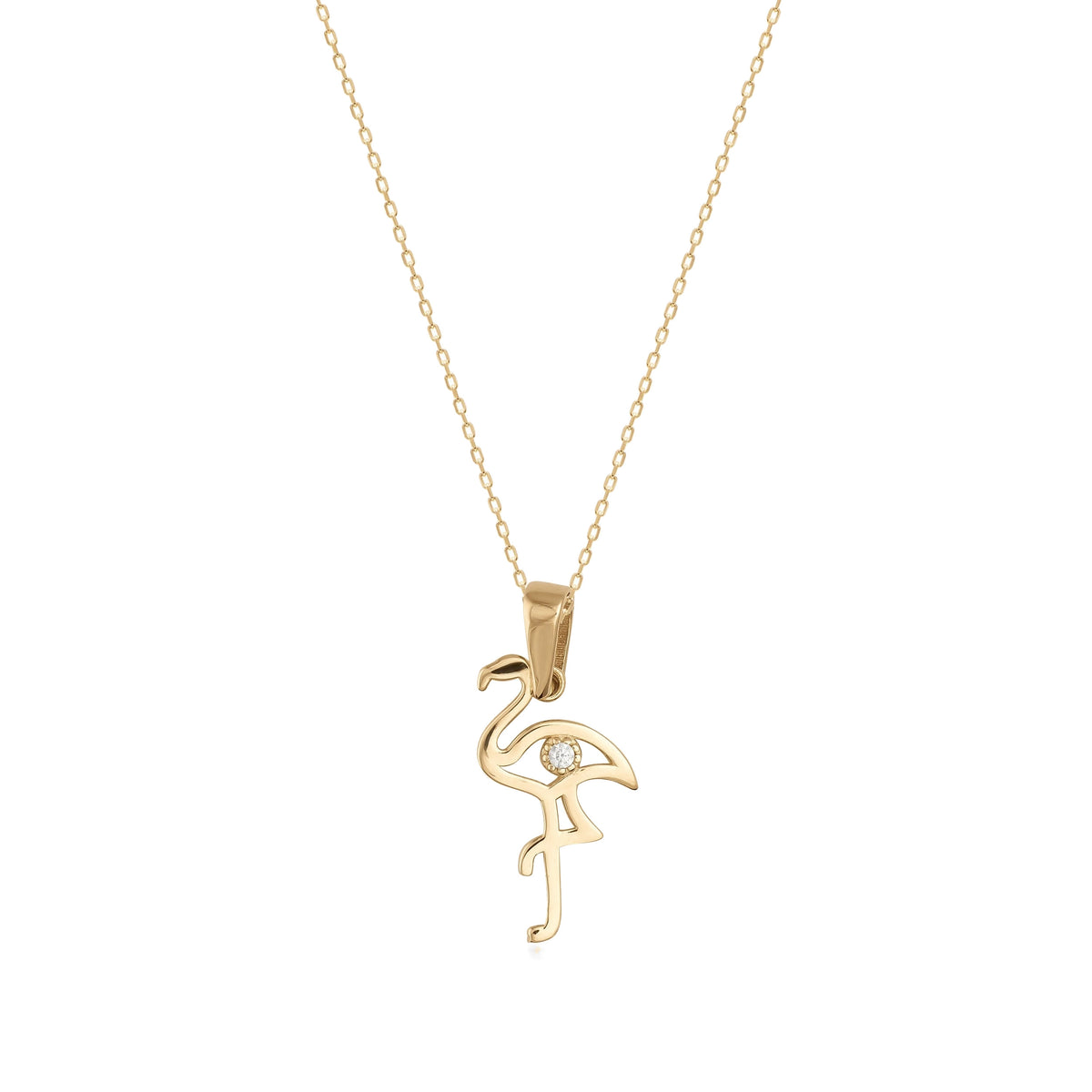 14K gold necklace with flamingo-shaped pendant and small cubic zirconia on white background