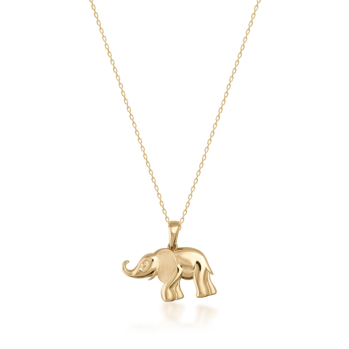 14K gold elephant pendant necklace with fine chain on white background, elegant jewelry