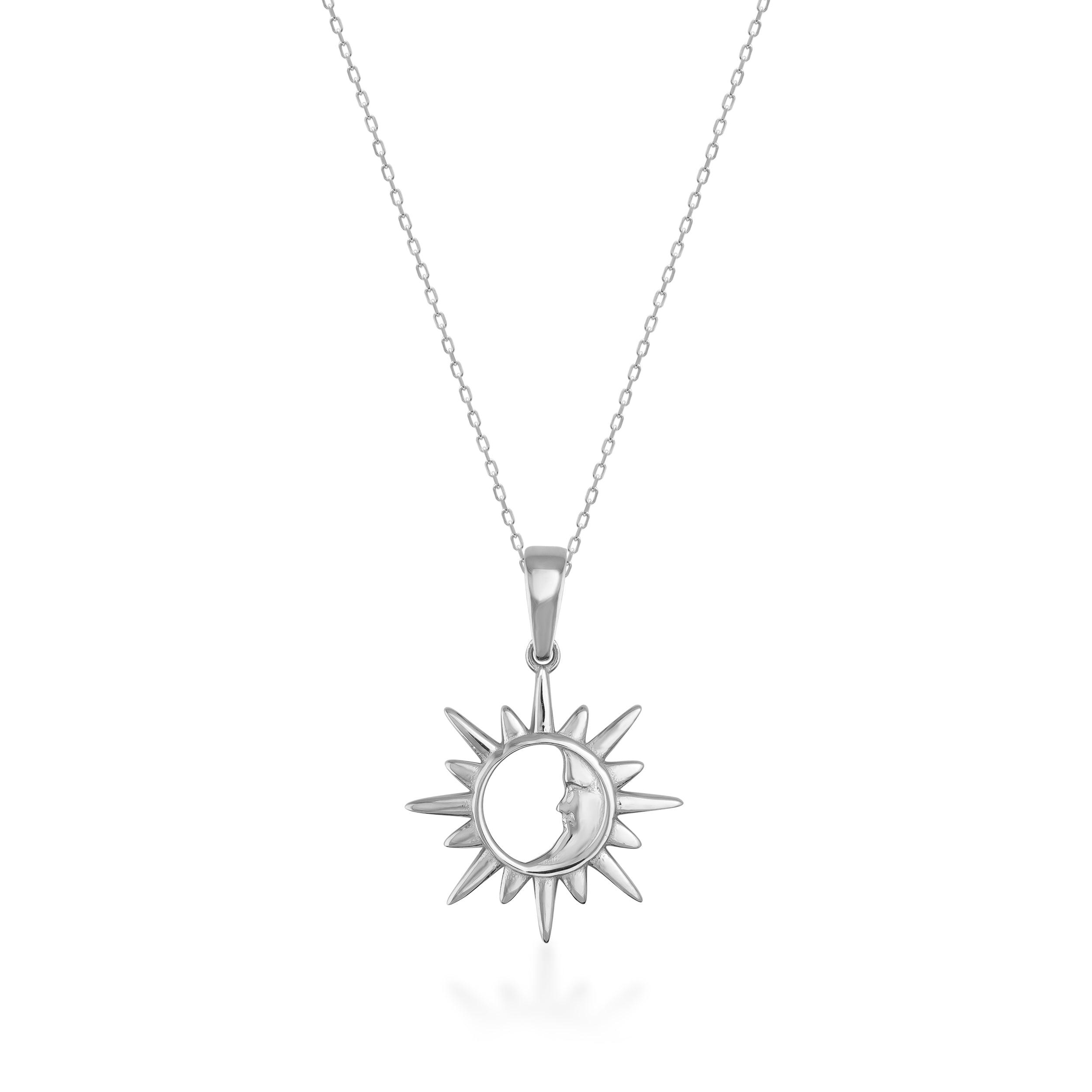 Sterling silver sun and moon pendant necklace on fine chain, celestial jewelry