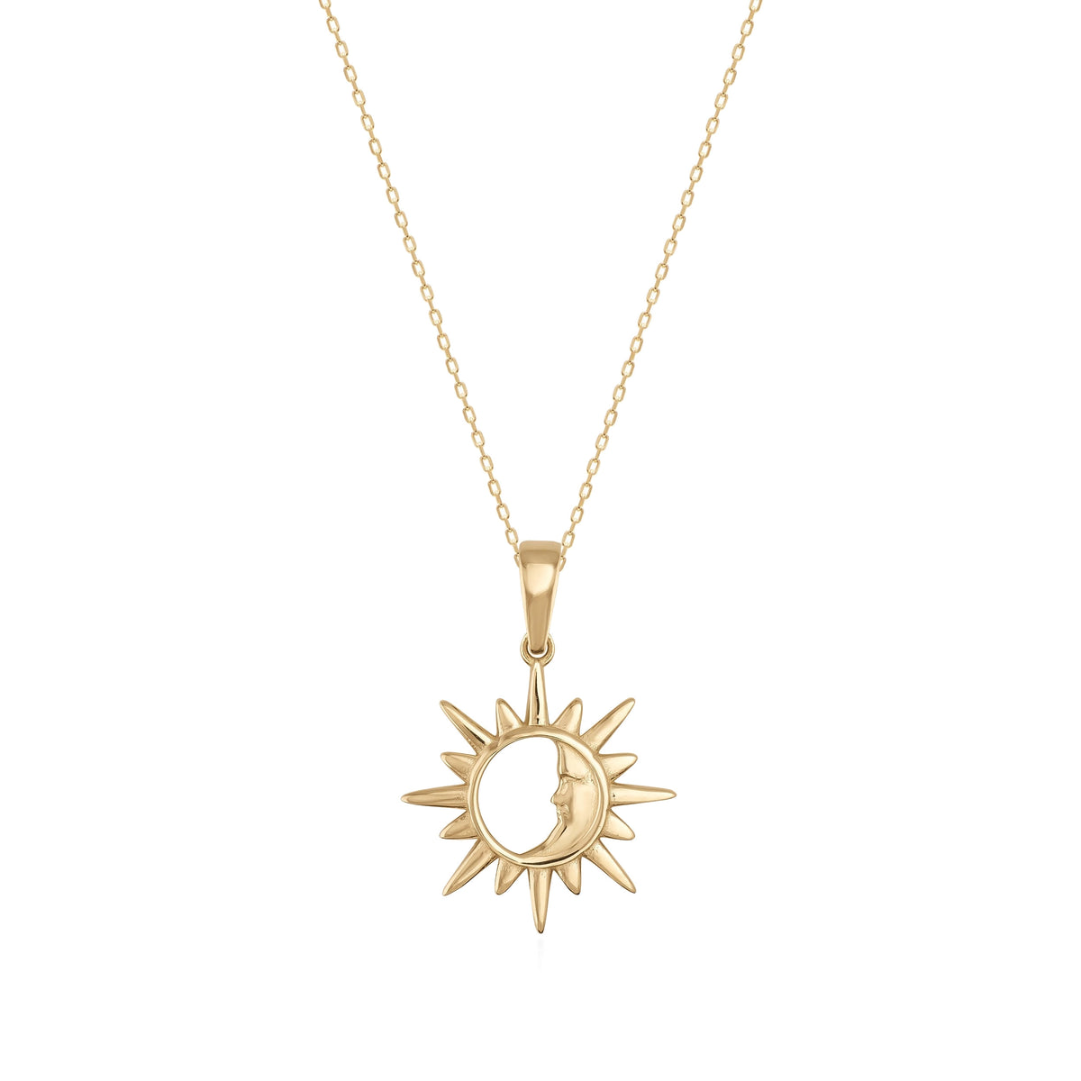 14K yellow gold sun pendant necklace, sunburst with a crescent moon face inside, on a fine chain on white