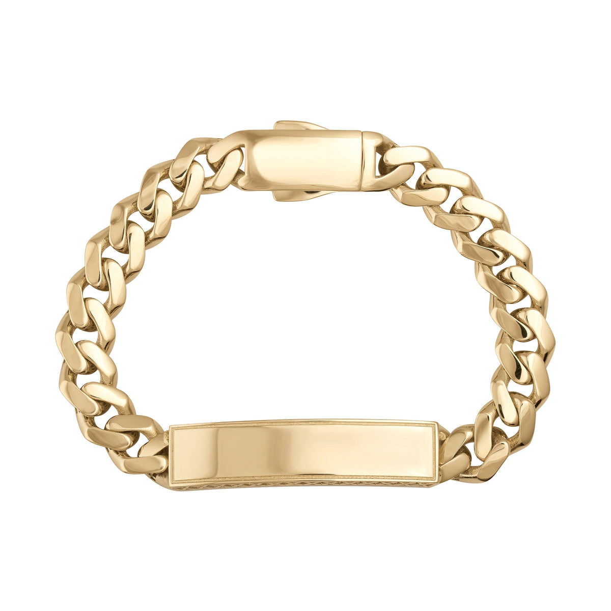 Polished 14K gold curb chain bracelet with blank ID plate and secure clasp on white background