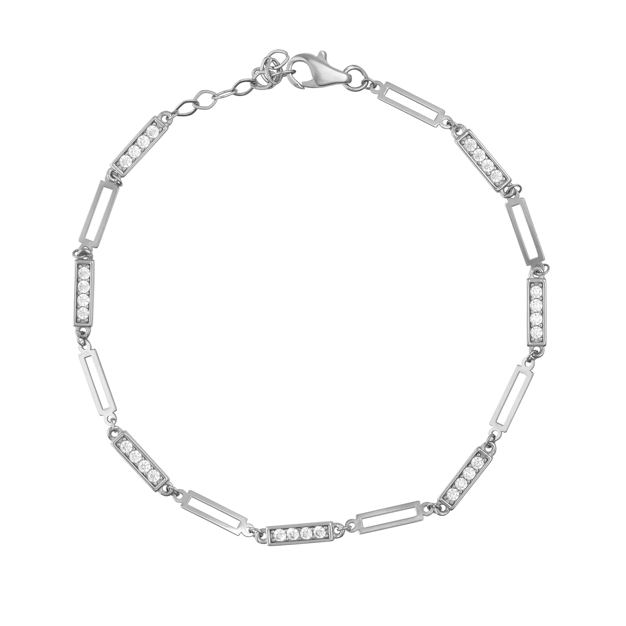White gold bracelet with rectangular diamond accents and lobster clasp on white background