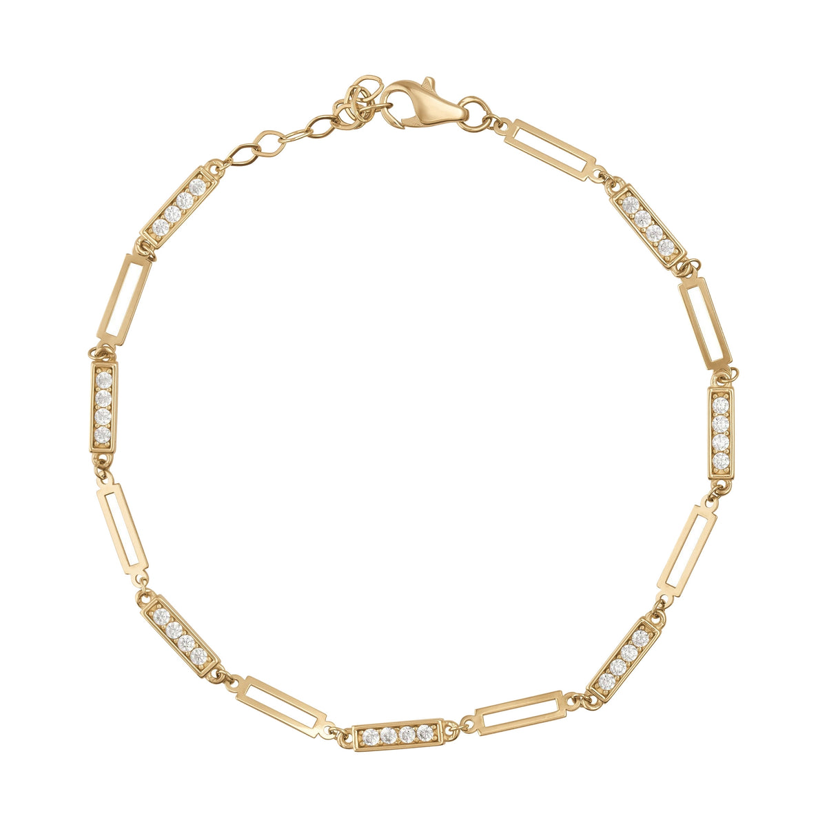 14K gold bracelet with rectangular links and sparkling cubic zirconia on a white background