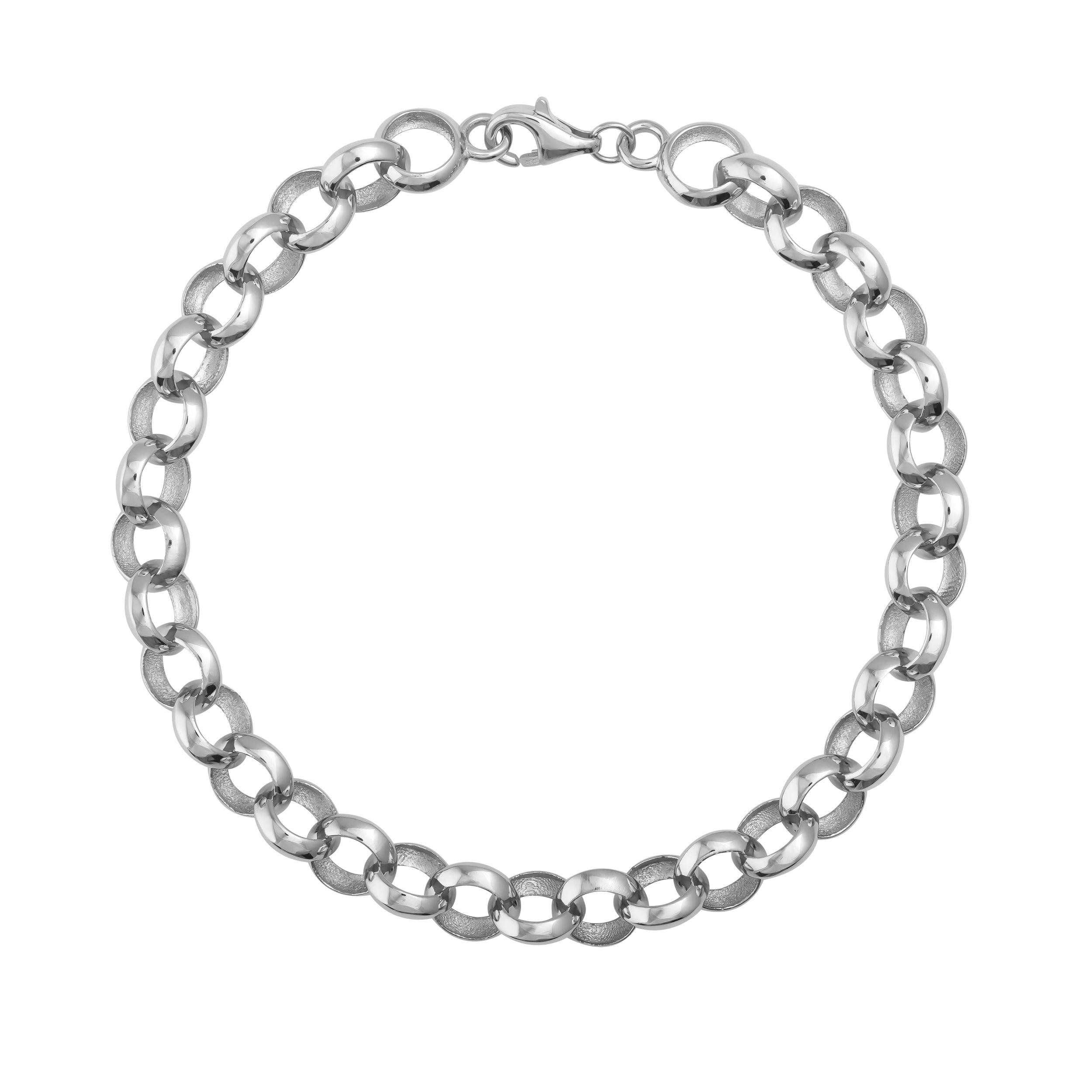 Sterling silver chain bracelet with round links and lobster clasp on white background