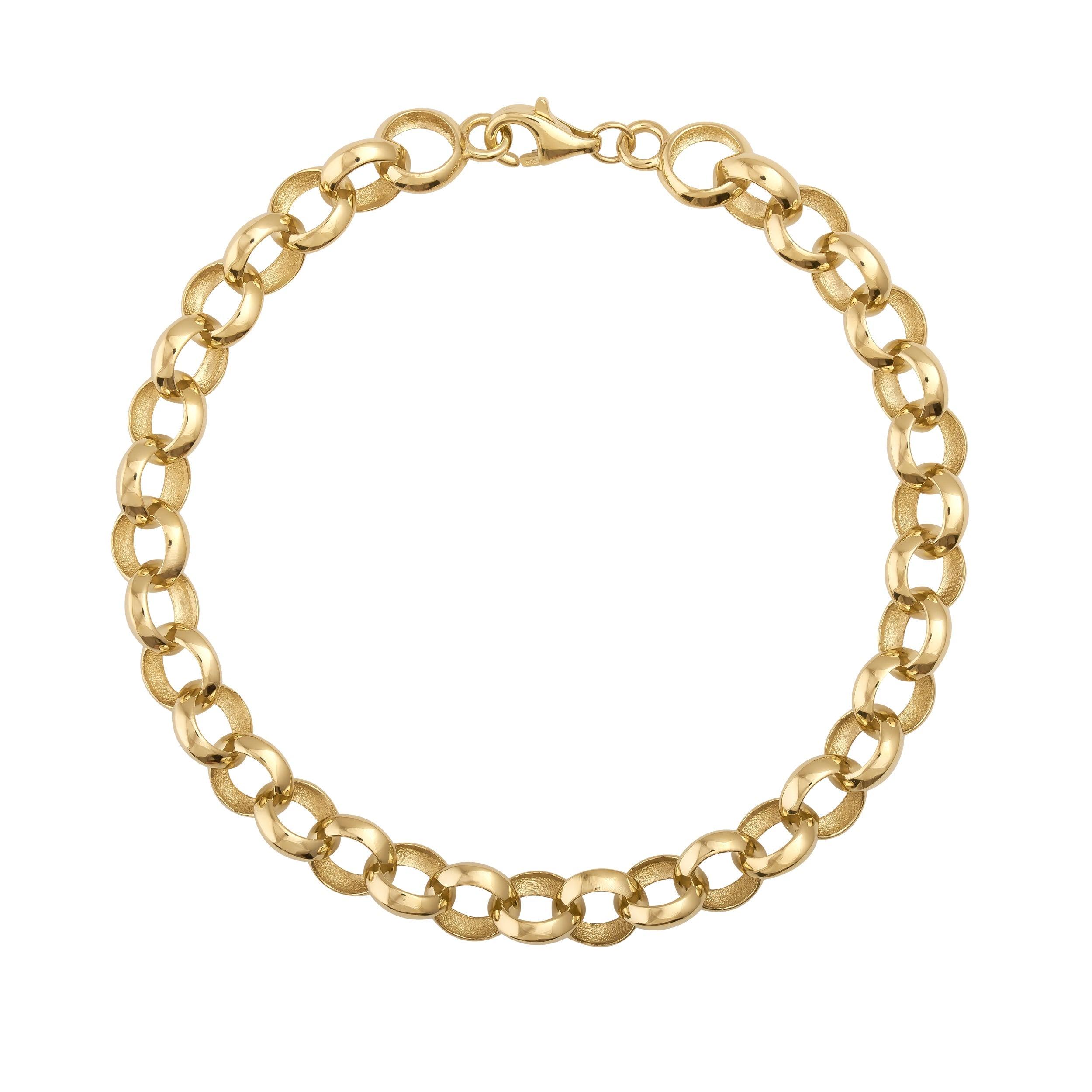 Polished gold chain bracelet with round links and lobster clasp on white background