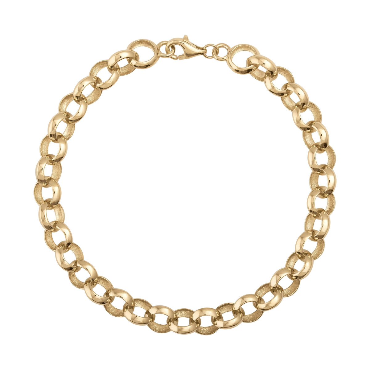 Polished 14K gold chain bracelet with round links and lobster clasp on white background