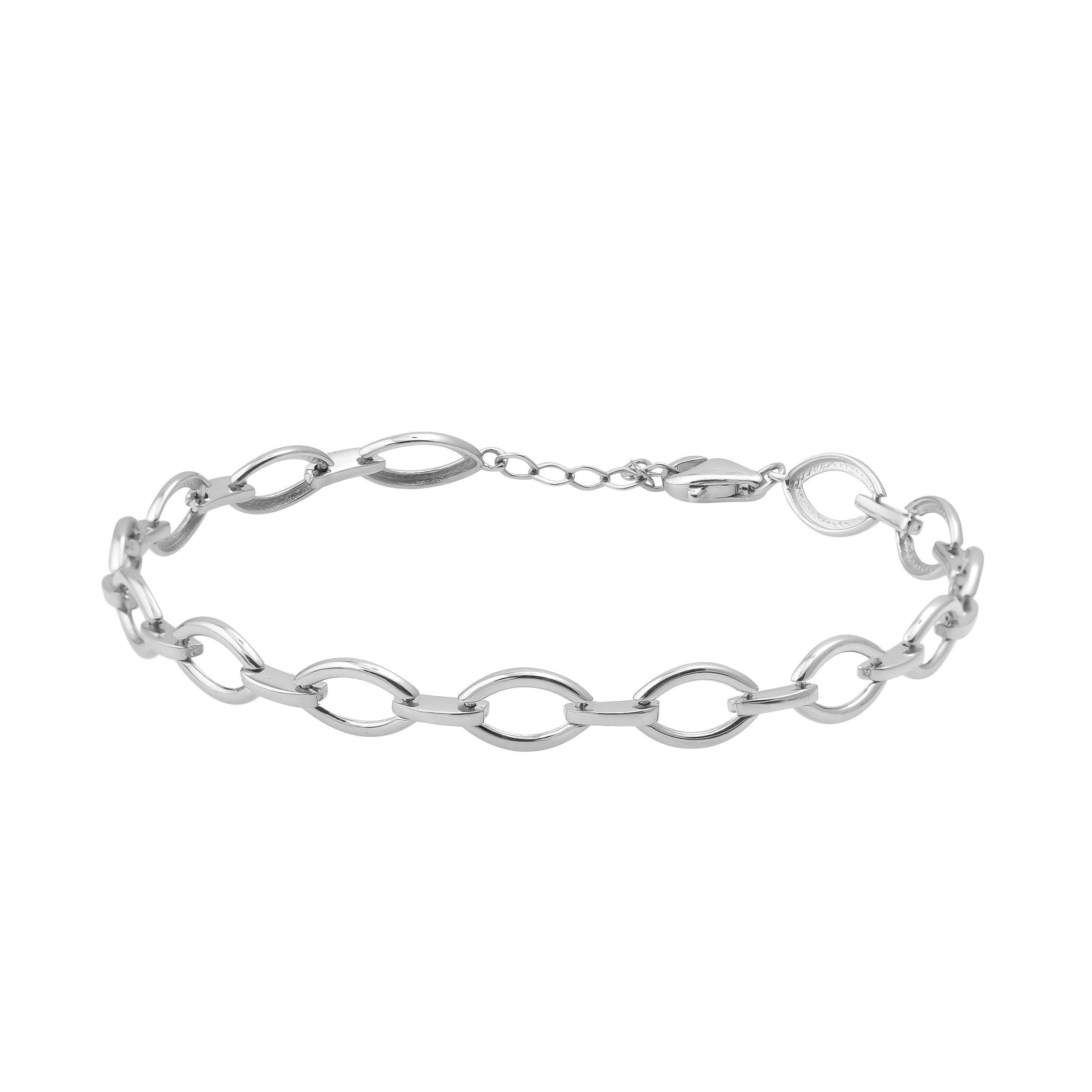 Sterling silver chain link bracelet with lobster clasp on white background