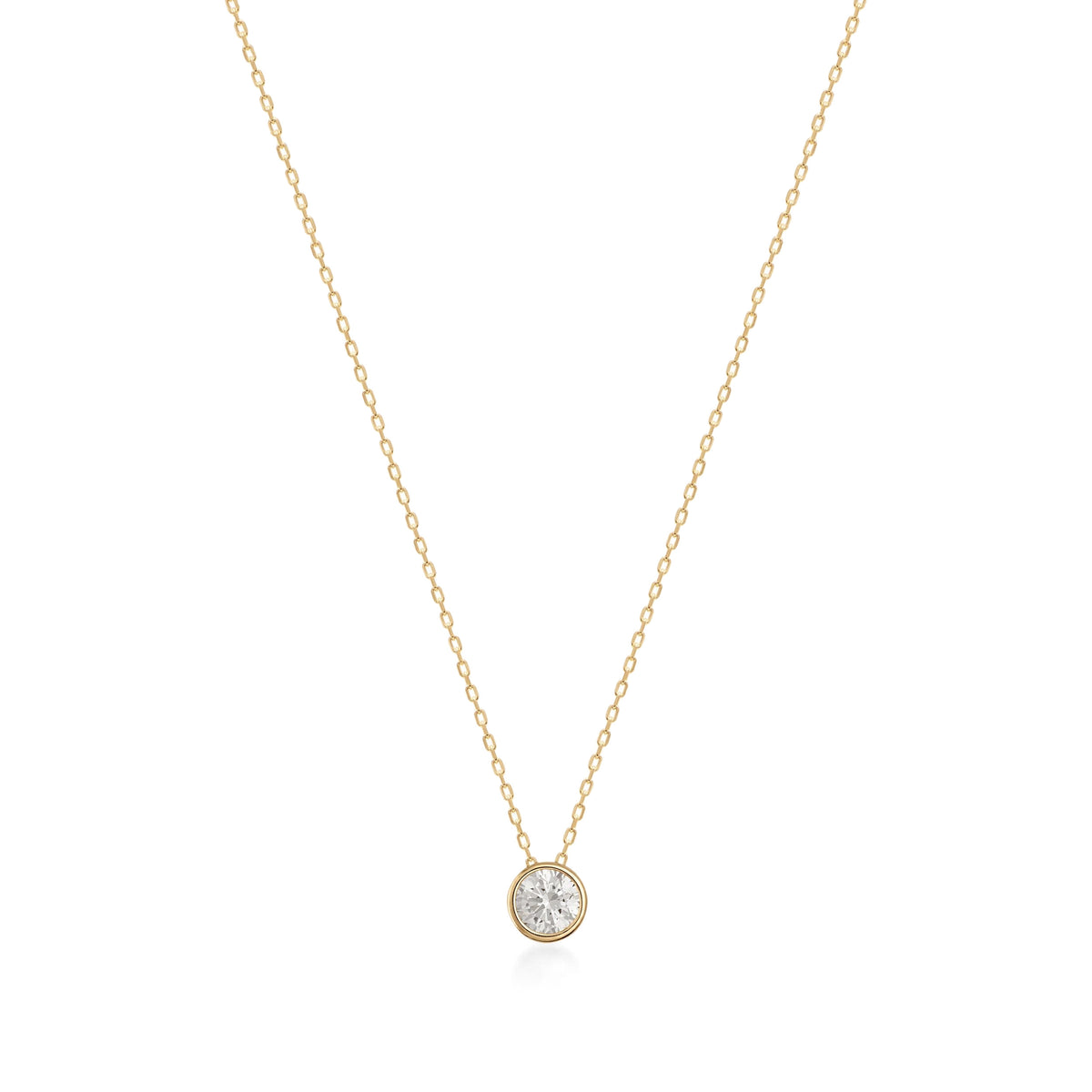 14K gold chain necklace with solitaire round cubic zirconia pendant on white background