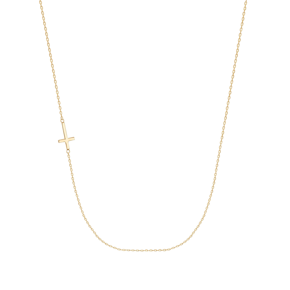 Delicate 14K gold necklace with sideways cross pendant on fine chain, minimalist jewelry