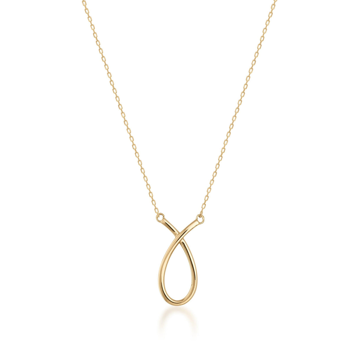 Minimalist 14K gold necklace with an open loop pendant on a fine gold chain, isolated on white