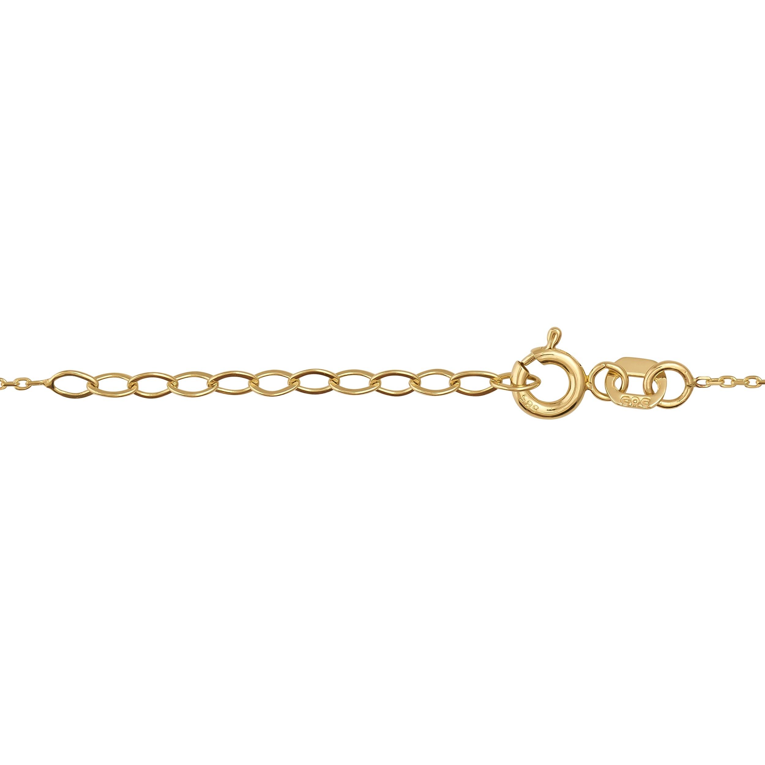 Close-up of adjustable gold chain necklace with spring ring clasp and extender links
