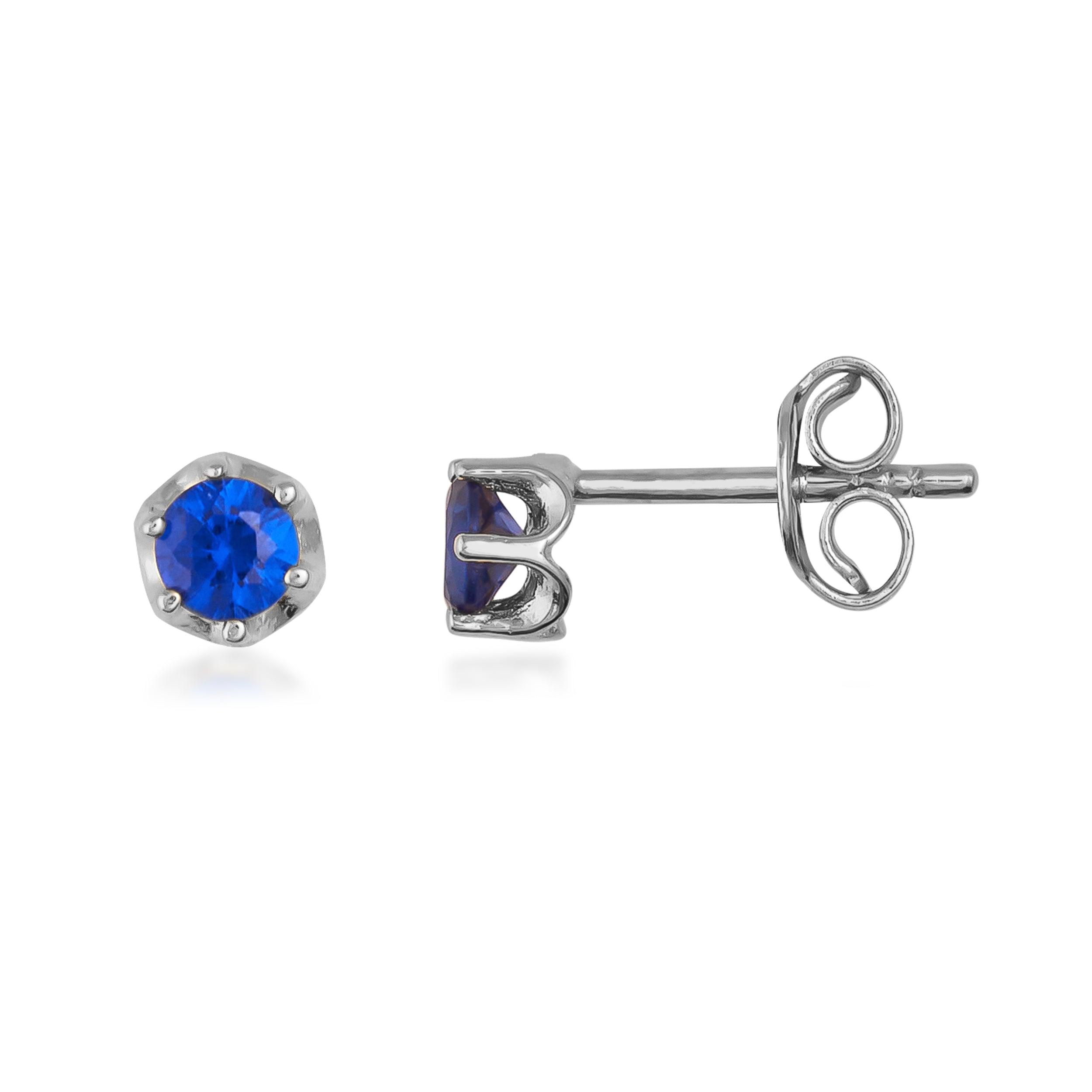 White gold stud earrings with round blue gemstone, minimalist and elegant design