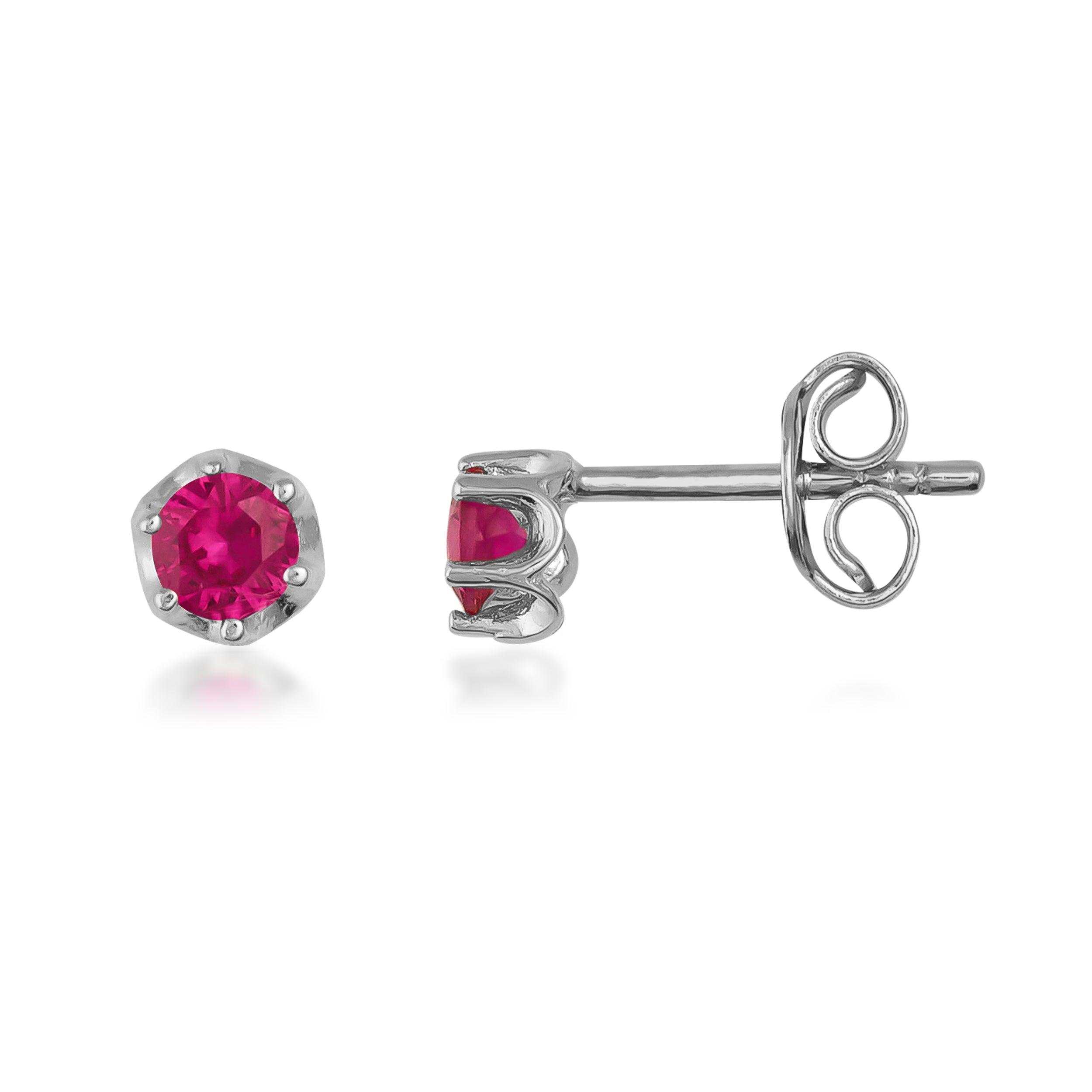 White gold stud earrings with round red gemstones, minimalist jewelry design