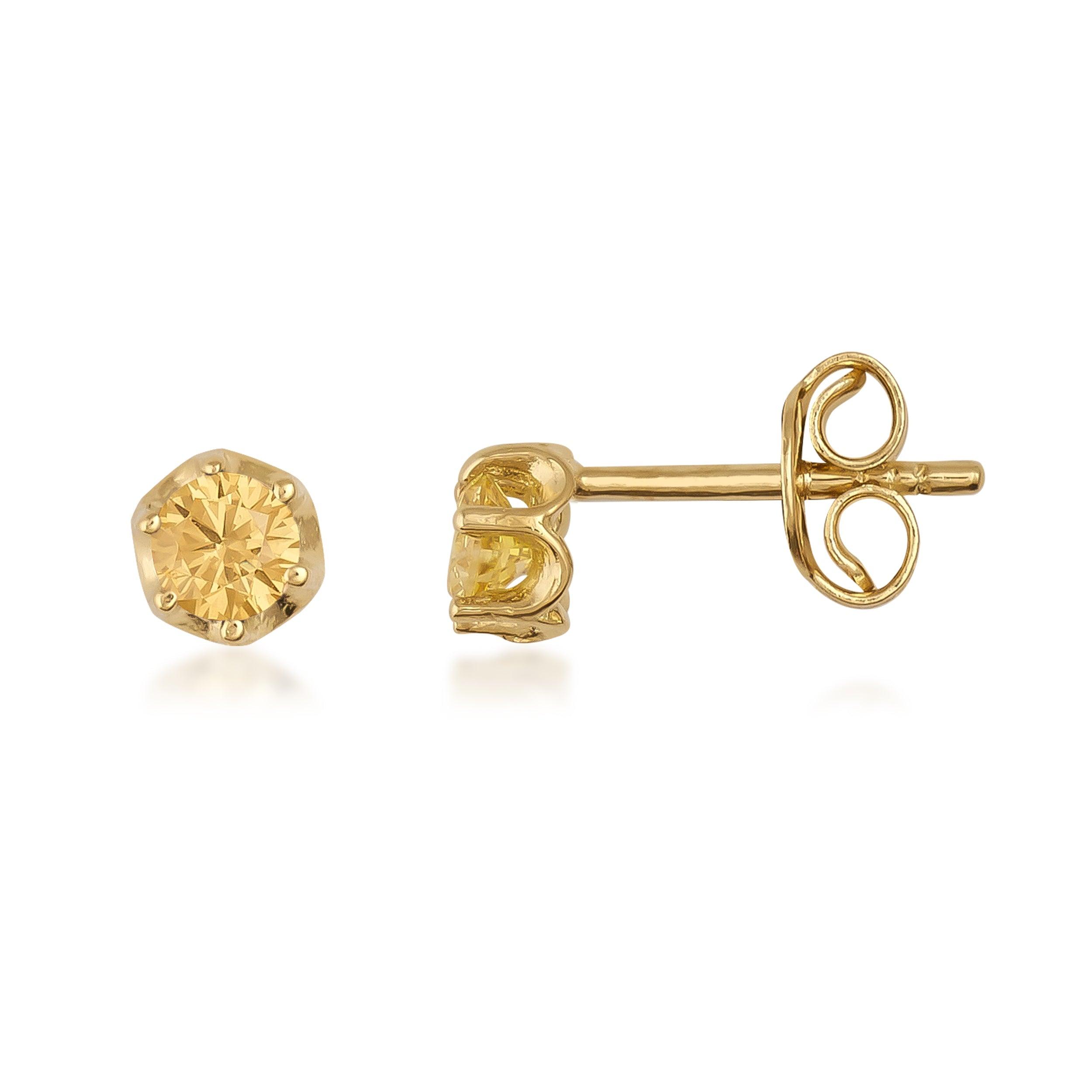 Yellow gold stud earrings with round faceted gemstone, minimalist earring design